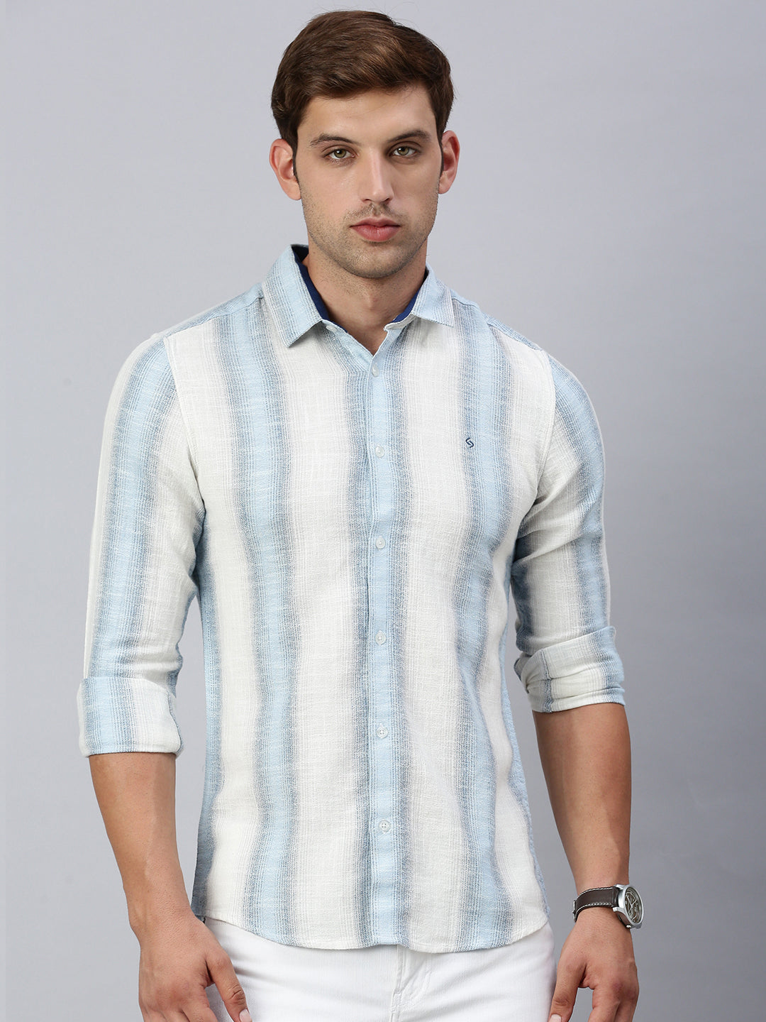 Classic Polo Men's Full Sleeve Off-White/Blue Polo Neck Slim Fit Striped Shirt | SP2-GN-01 B-FS-STR-BSL
