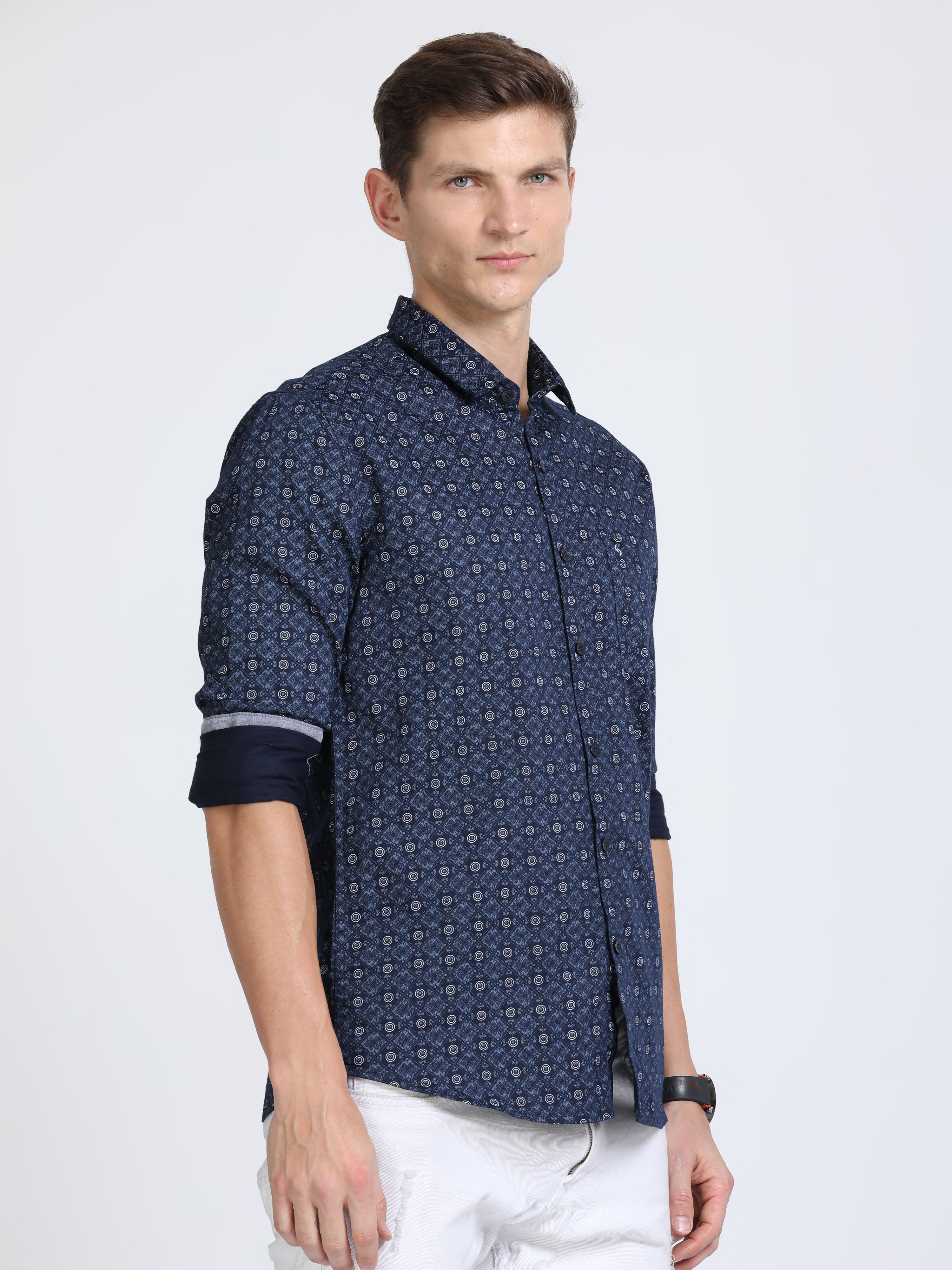 Classic Polo Mens Pure Cotton Full Sleeves Printed Slim Fit Polo Neck Dark Navy Color Woven Shirt | So2-170 A-Fs-Prt-Sf