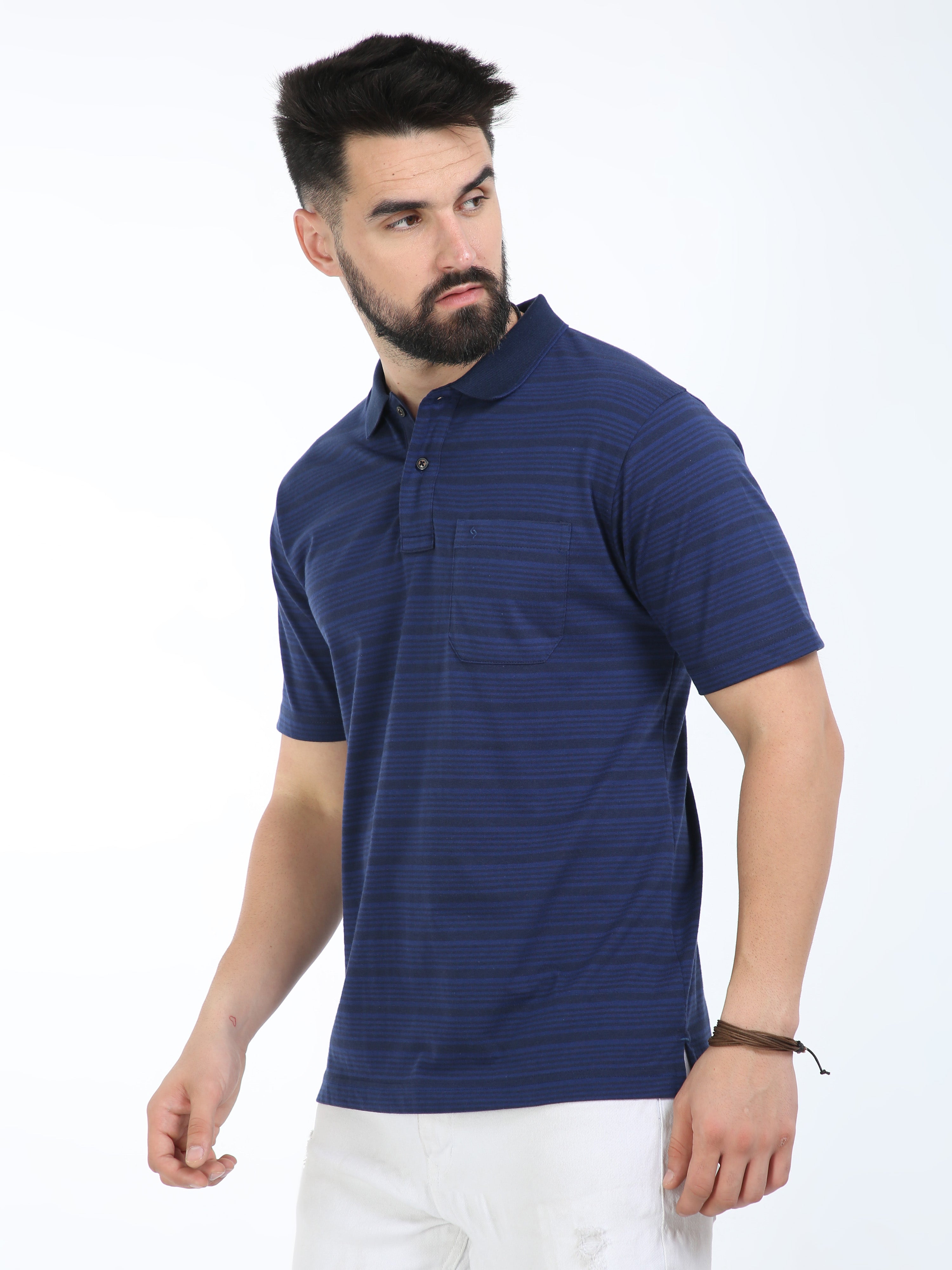 Classic Polo Mens Cotton Half Sleeves Striped Authentic Fit Polo Neck Navy Color T-Shirt | Feeders-240 A Af P