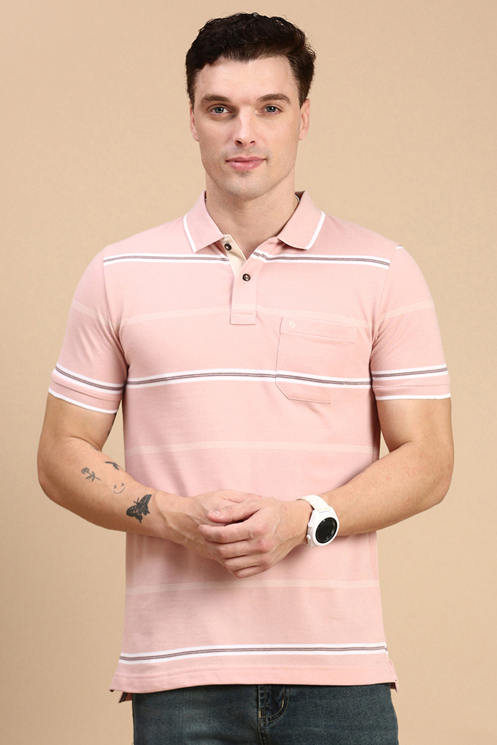 Classic Polo Men's Half Sleeve Pink/White Polo Neck Slim Fit Striped T-Shirt | ADORE - 226 B SF P