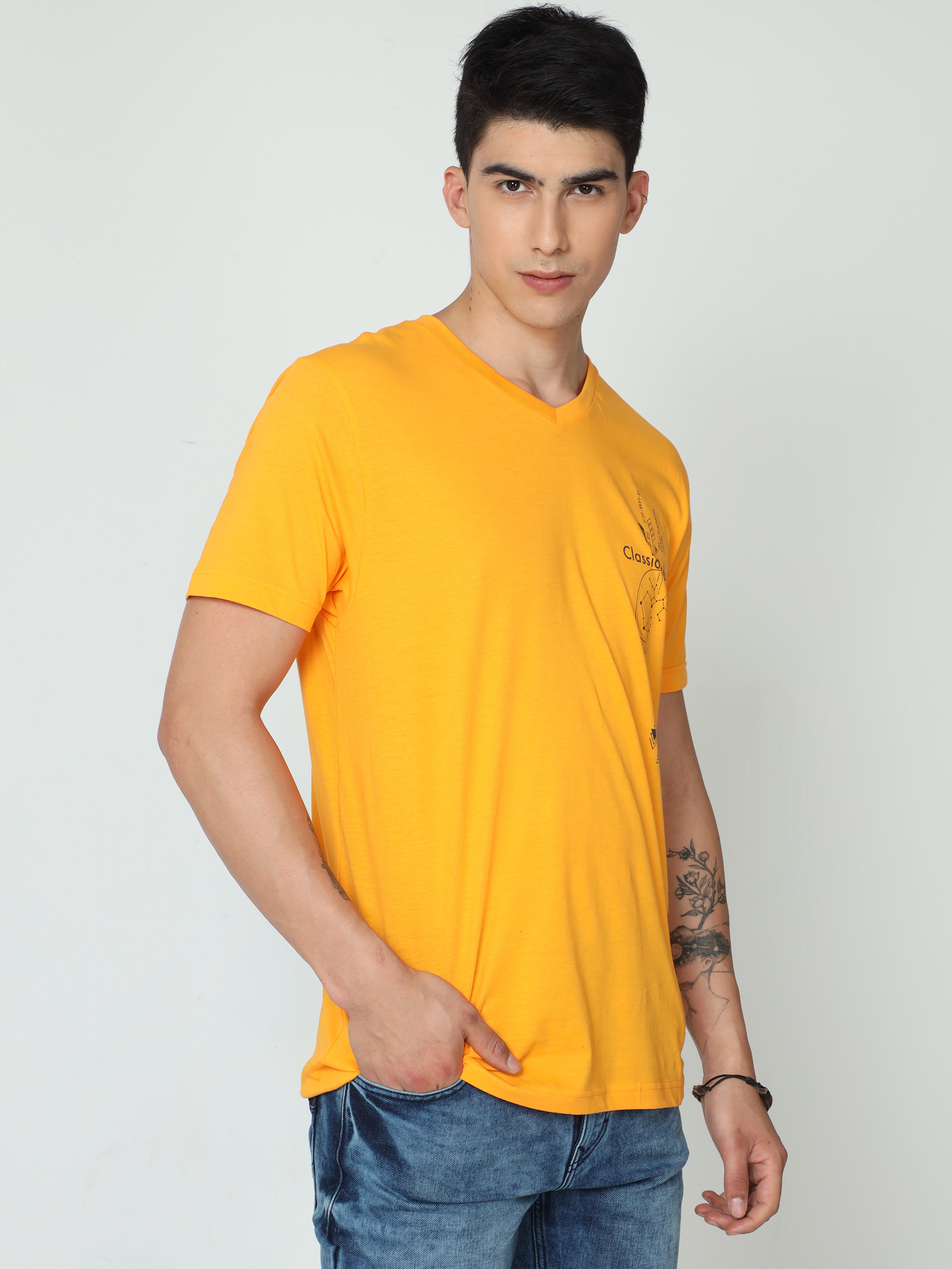 Classic Polo Mens 100% Cotton Yellow Printed V Neck Half Sleeves Slim Fit T-Shirt |Cp-Rn-20