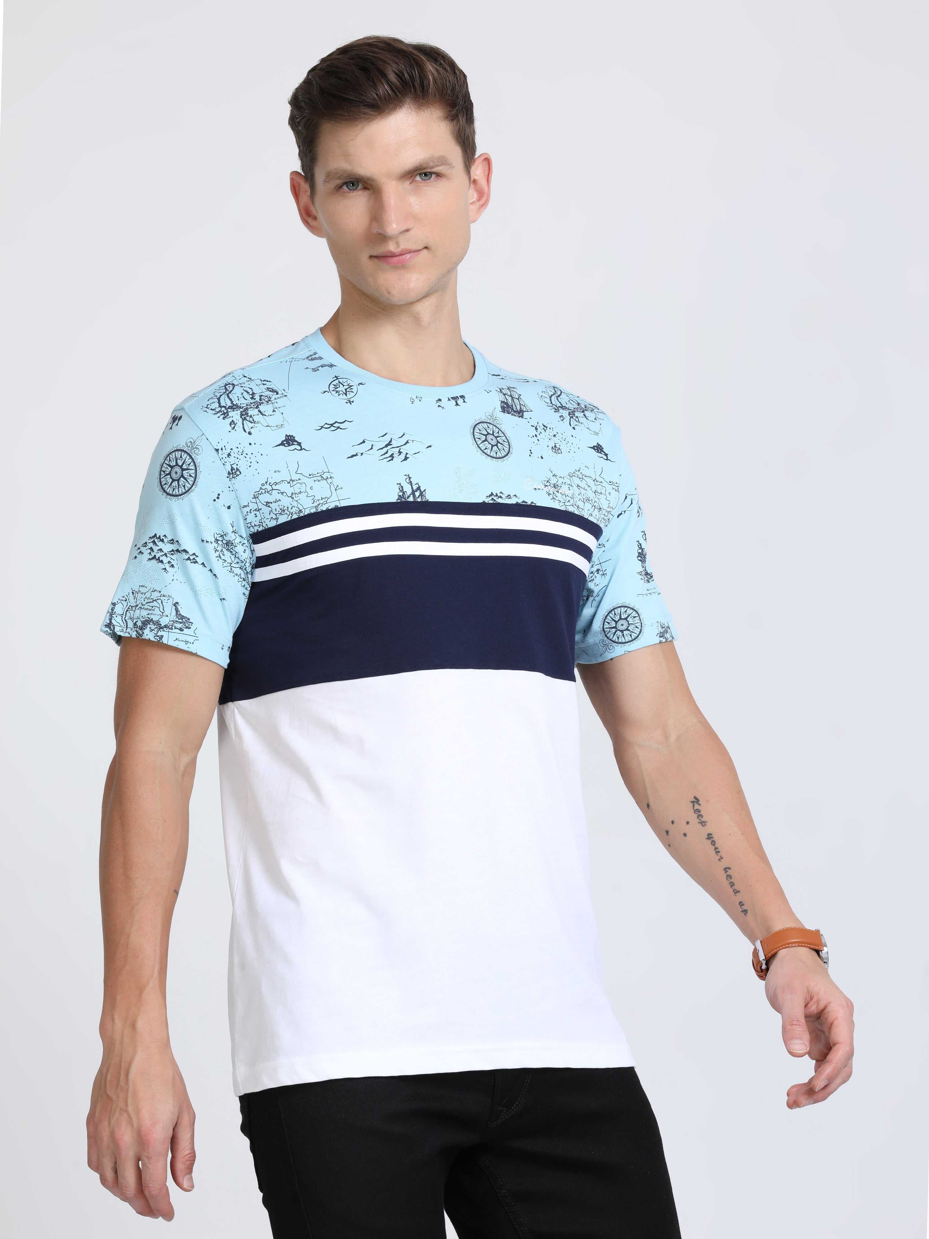 Classic Polo Mens Cotton Half Sleeves Color Blocked Slim Fit Crew Neck White Color T-Shirt | Baleno - 559 A Sf C