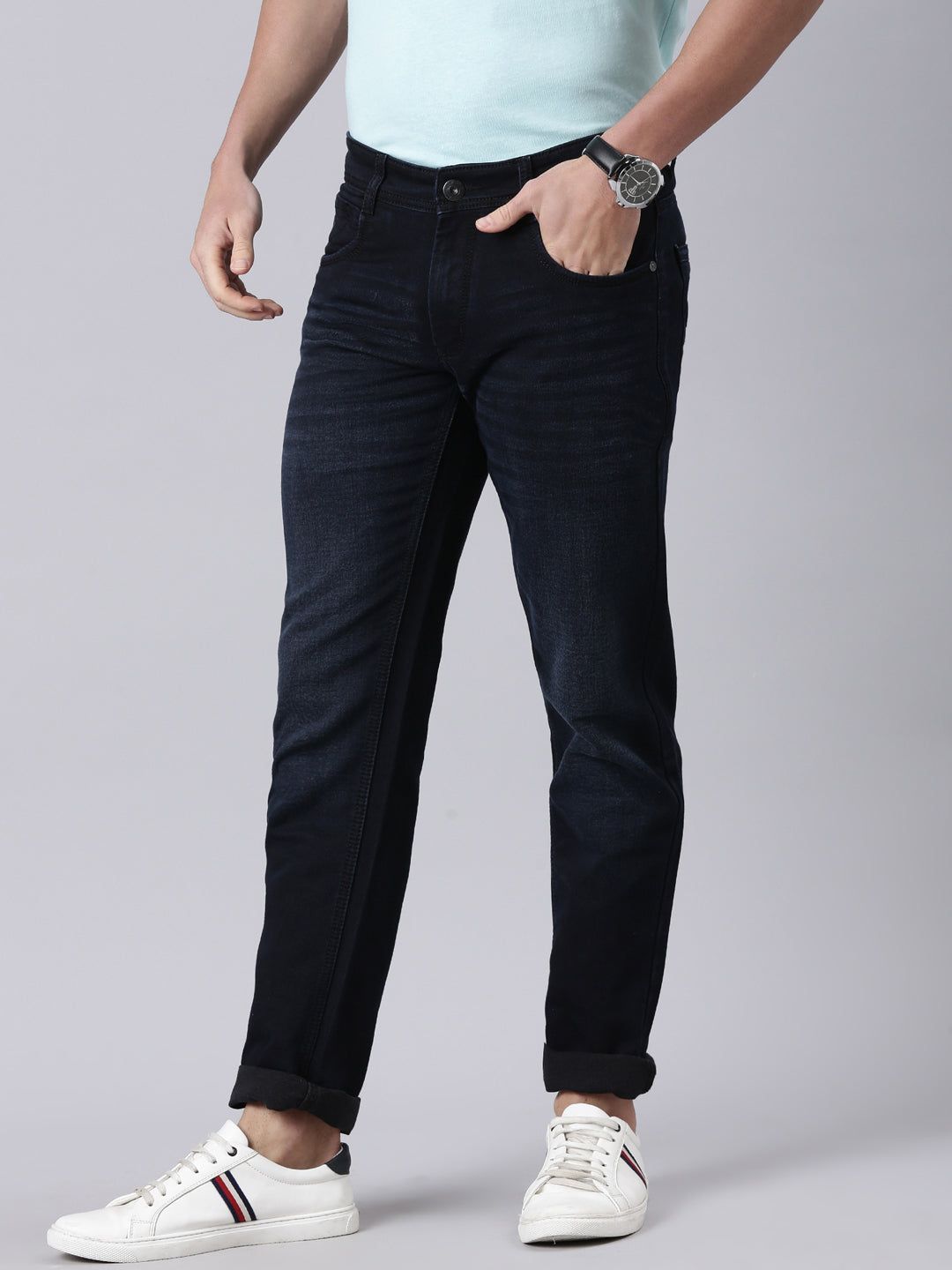 Classic Polo Men's Dark Navy Blue Solid Cotton Slim Fit Jeans | CPDQ2-43-D.NVY-SF