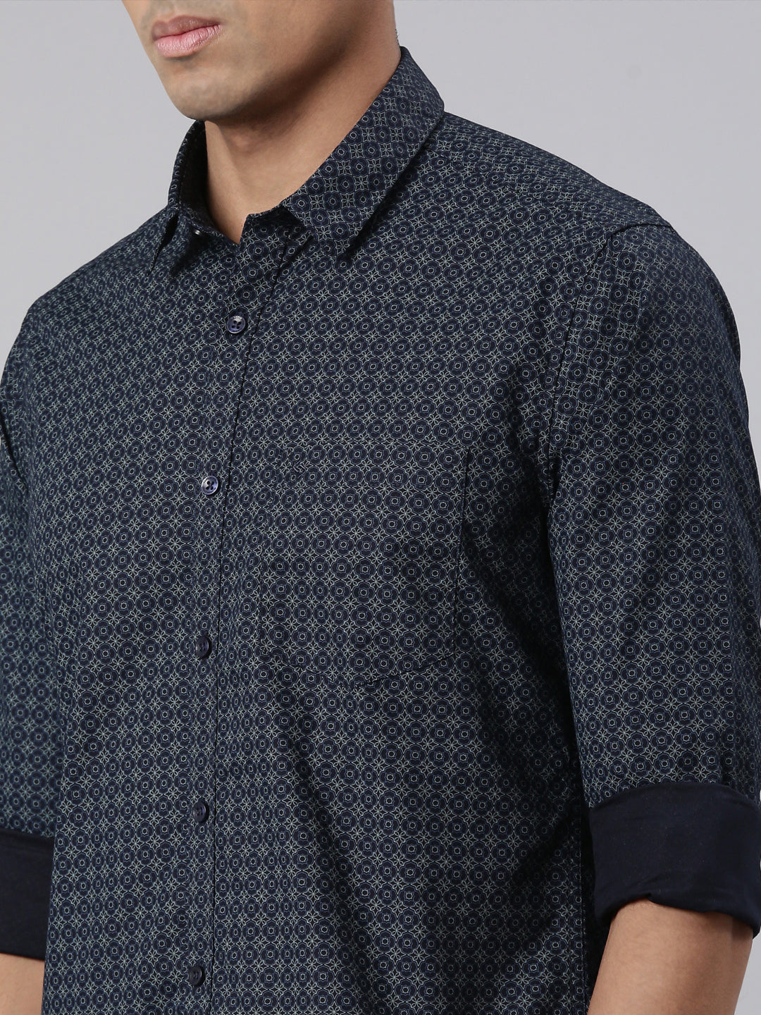 Classic Polo Men's Full Sleeve Navy Blue Polo Neck Cotton Slim Fit Casual Shirt | SP2-CL-58 B-FS-PRT-SF