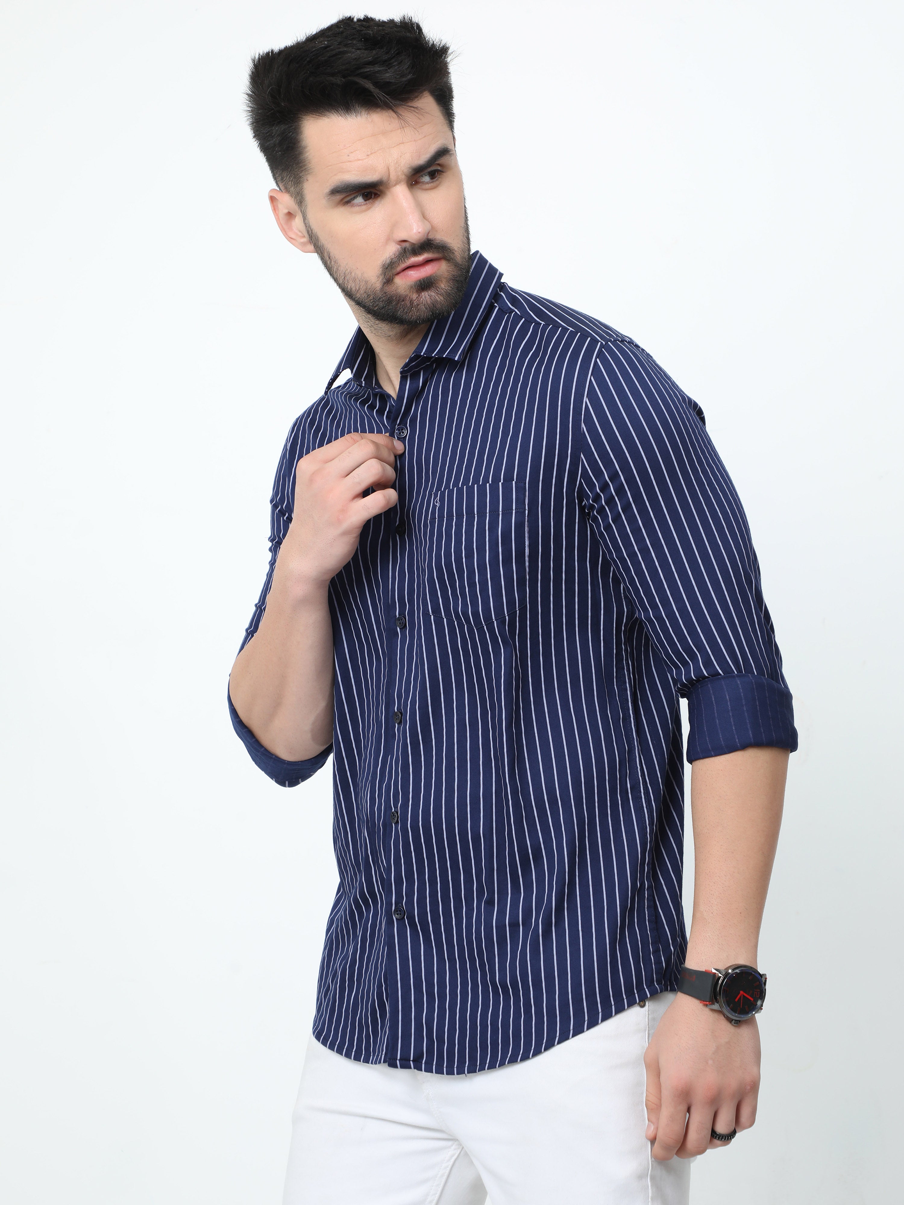 Classic Polo Mens Pure Cotton Full Sleeves Striped Slim Fit Polo Neck Navy Color Woven Shirt | So2-179 A-Fs-Str-Sf