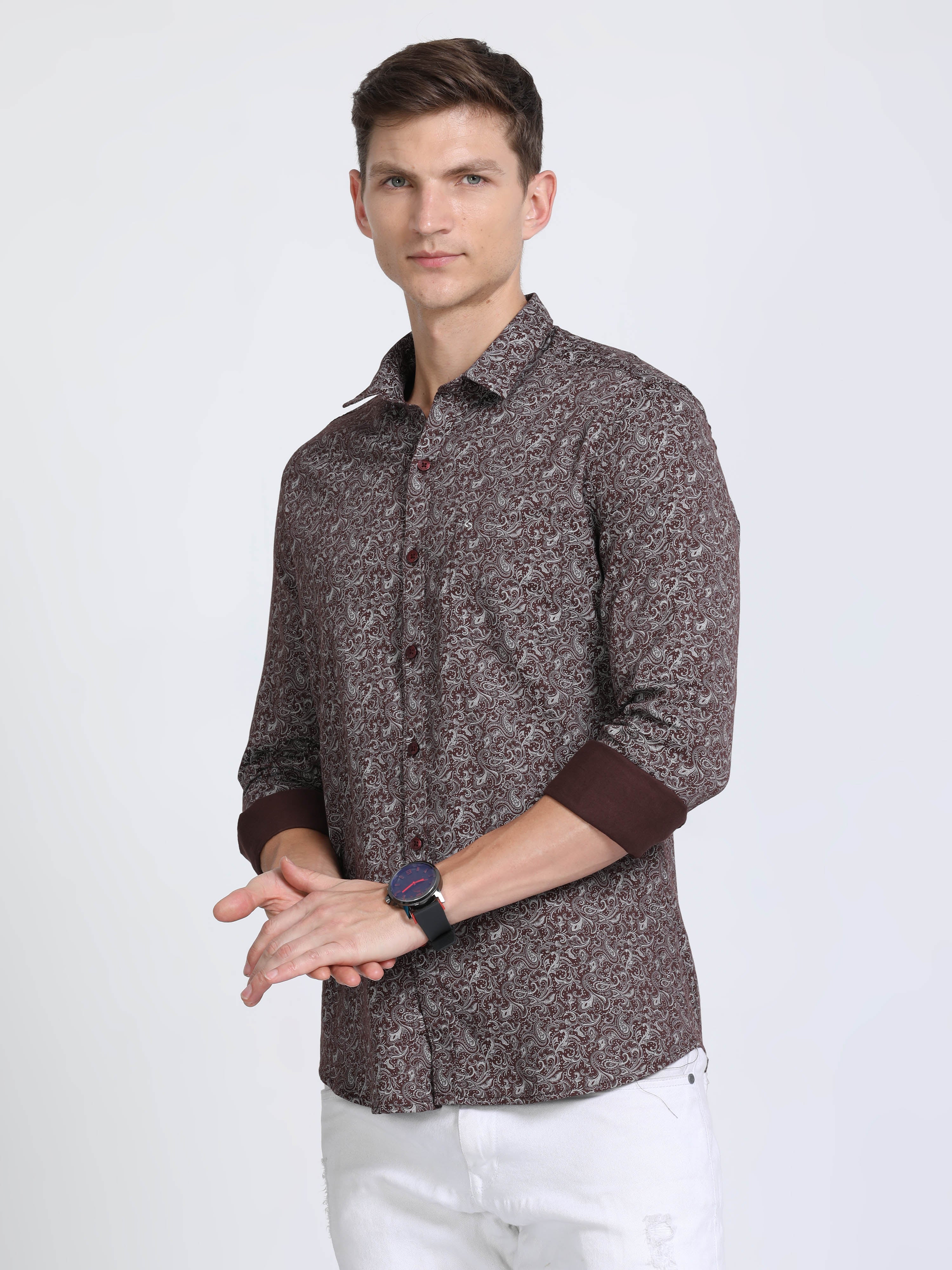 Classic Polo Mens Pure Cotton Full Sleeves Floral Slim Fit Polo Neck Brown Color Woven Shirt | So2-168 B-Fs-Prt-Sf