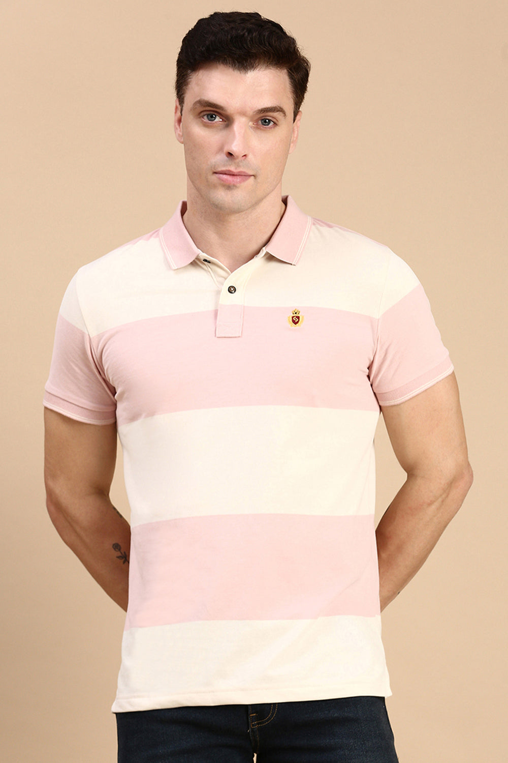 Classic Polo Men's Half Sleeve Beige/Pink Polo Neck Slim Fit Striped T-Shirt | CPEG - 335 A SF P