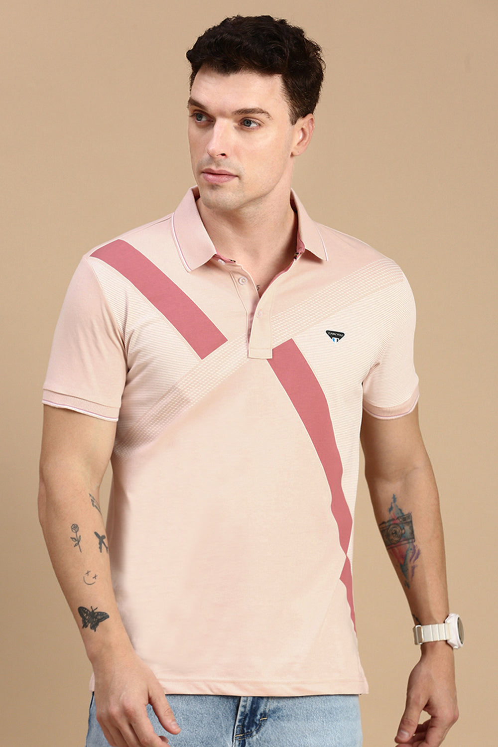Classic Polo Men's Half Sleeve Peach Polo Neck Slim Fit Printed T-Shirt | FP - 01 B SF P