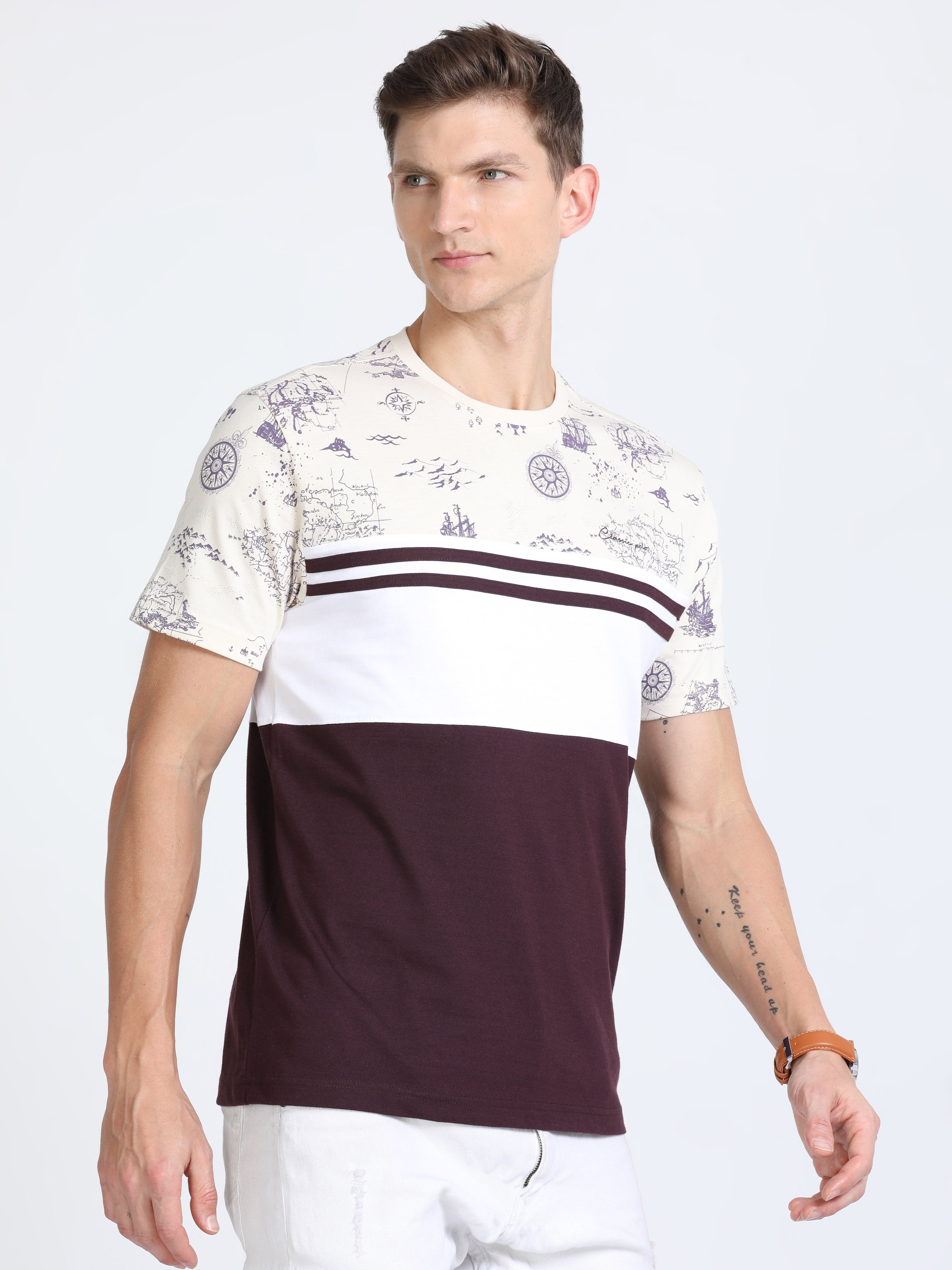Classic Polo Mens Cotton Half Sleeves Color Blocked Slim Fit Crew Neck Purple Color T-Shirt | Baleno - 559 B Sf C