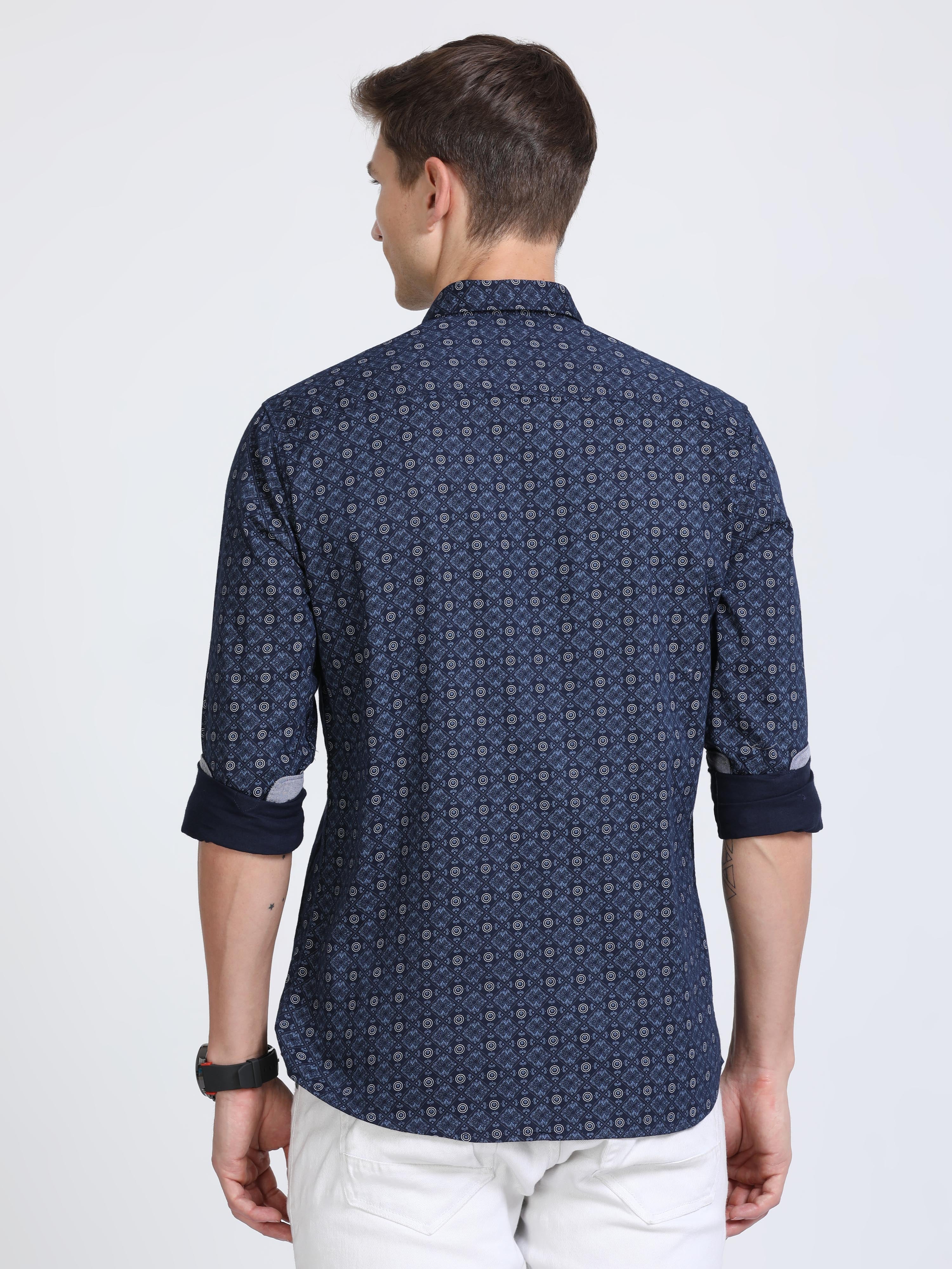 Classic Polo Mens Pure Cotton Full Sleeves Printed Slim Fit Polo Neck Dark Navy Color Woven Shirt | So2-170 A-Fs-Prt-Sf