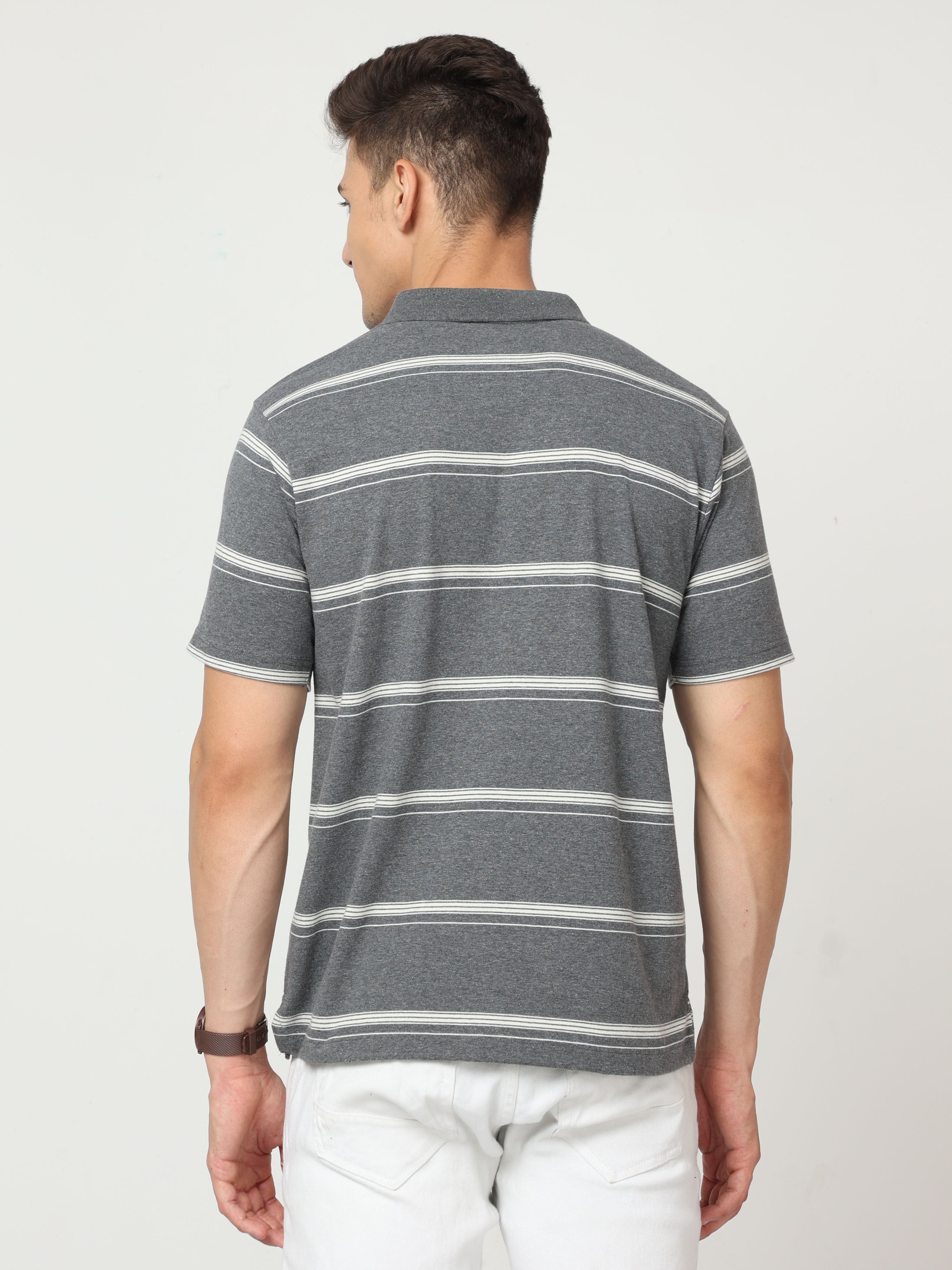 Classic Polo Mens Pure Cotton Half Sleeve Striped Regular Fit Polo Neck Grey Color T Shirt | F-Avon - 107 B