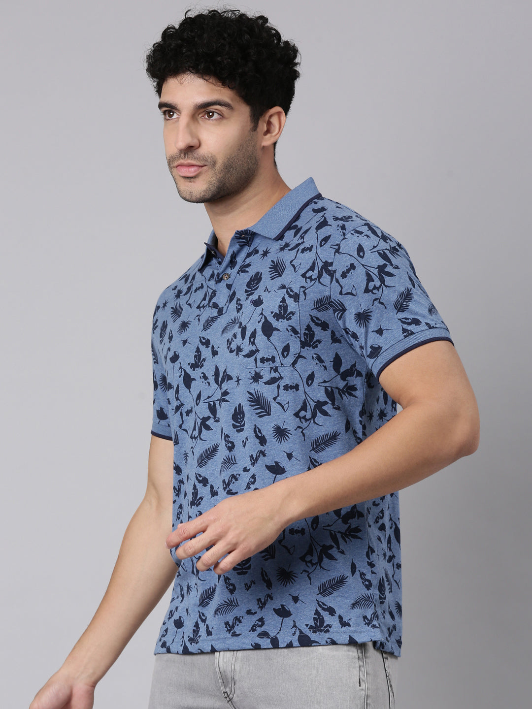 Classic Polo Men's Half Sleeve Blue Polo Neck Slim Fit All-Over Print Cotton T-Shirt | BELLO - 403 B SF P