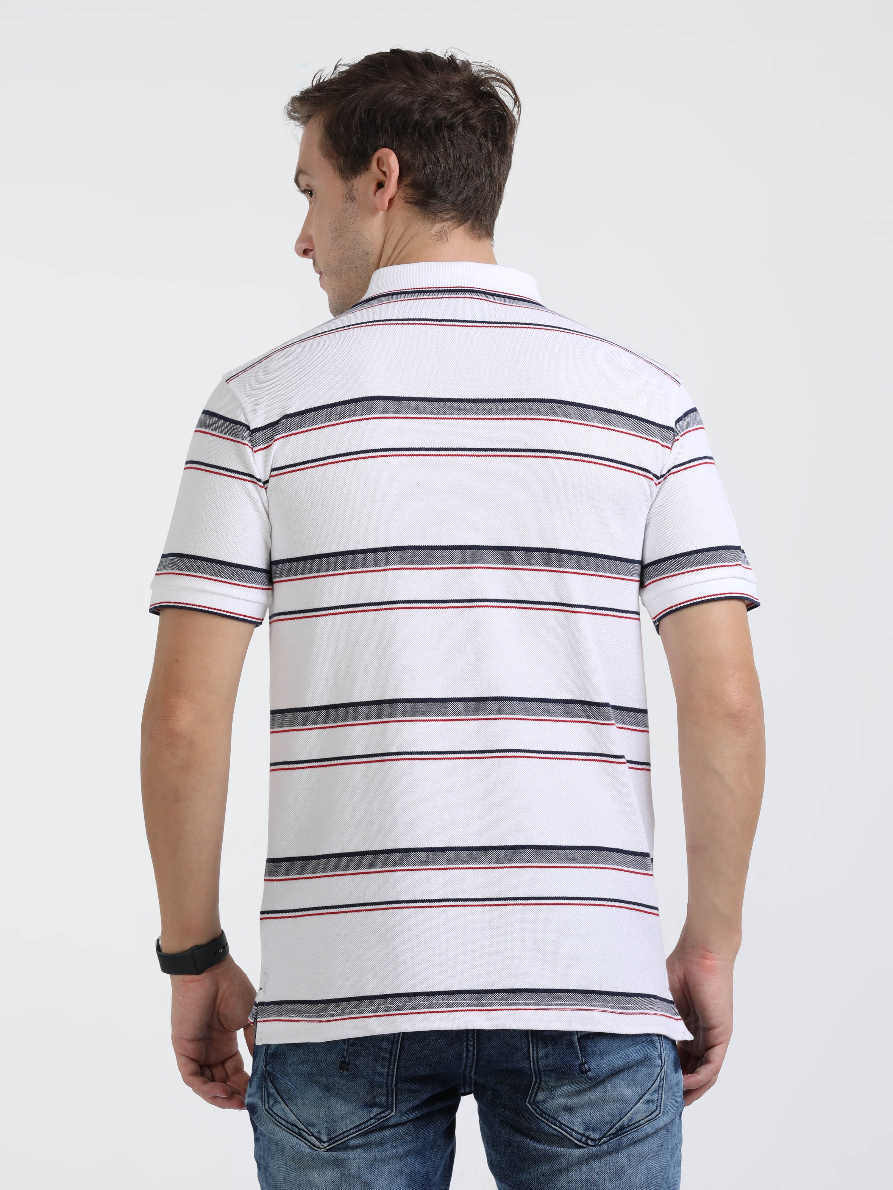 Classic Polo Mens Cotton Half Sleeves Striped Slim Fit Polo Neck White Color T-Shirt | Adore - 207 B Sf P