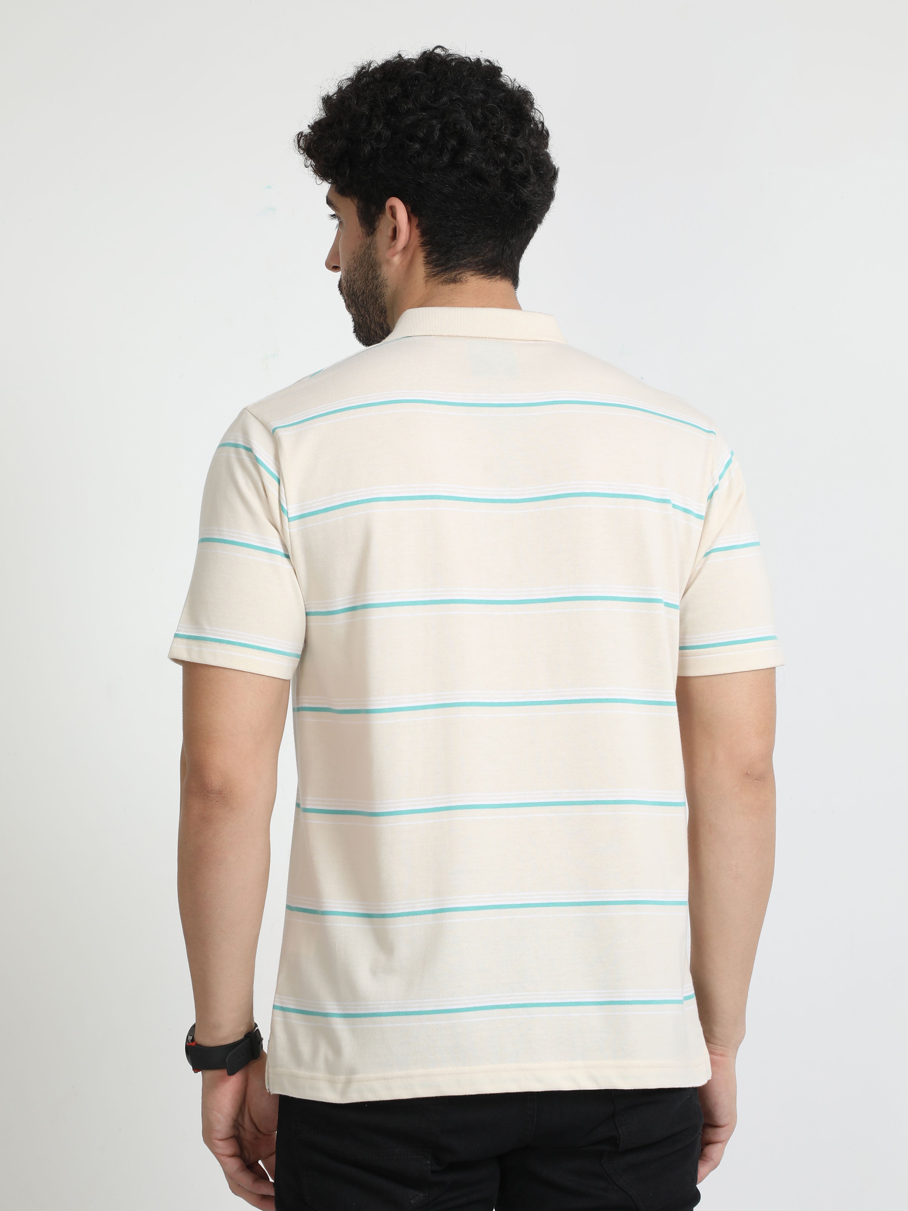 Classic Polo Mens Cotton Half Sleeves Striped Authentic Fit Polo Neck Cream Color T-Shirt | Avon - 538 A Af P
