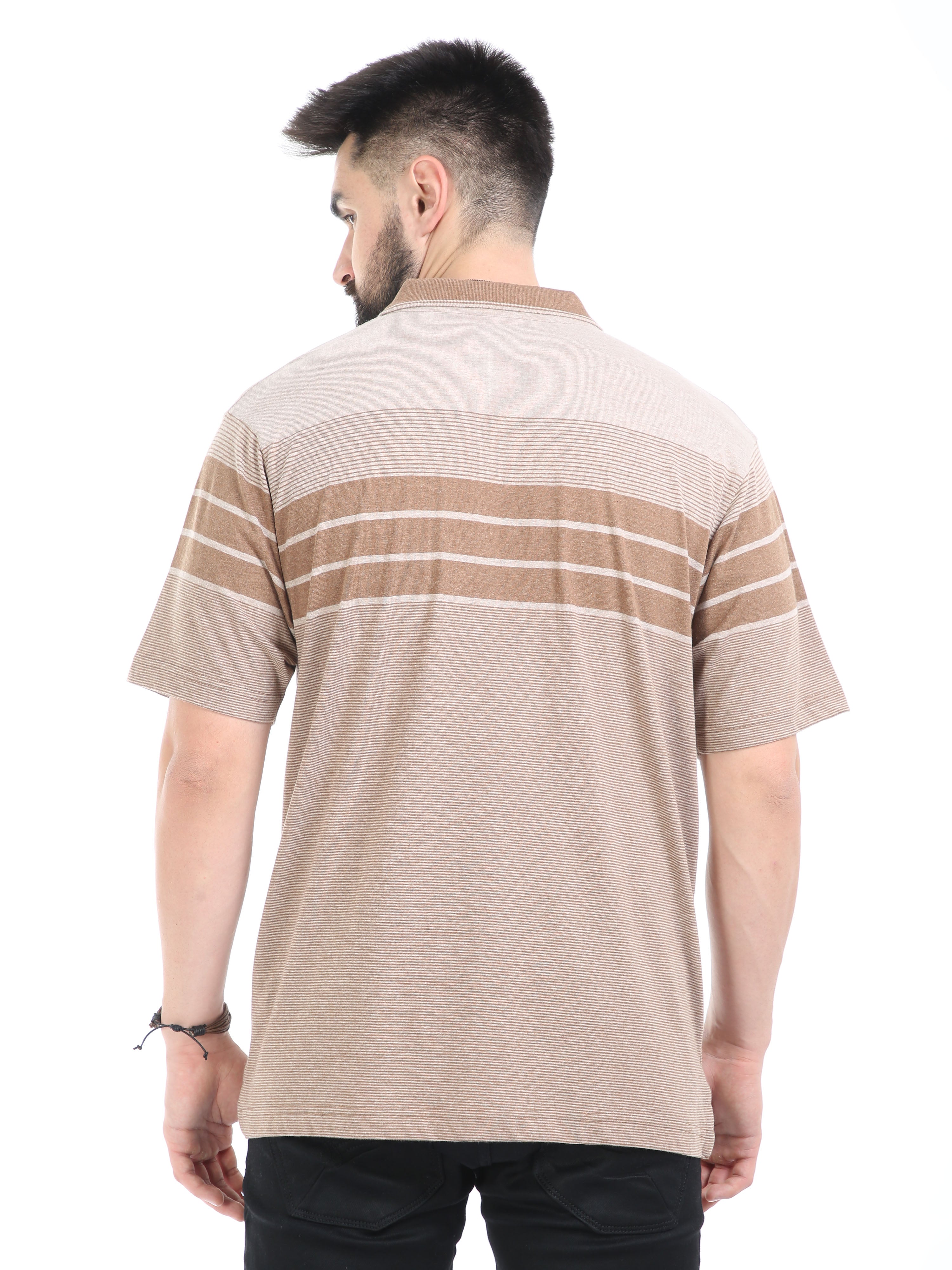 Classic Polo Mens Cotton Half Sleeves Striped Authentic Fit Polo Neck Cream Color T-Shirt | Mel - 242 B Af P