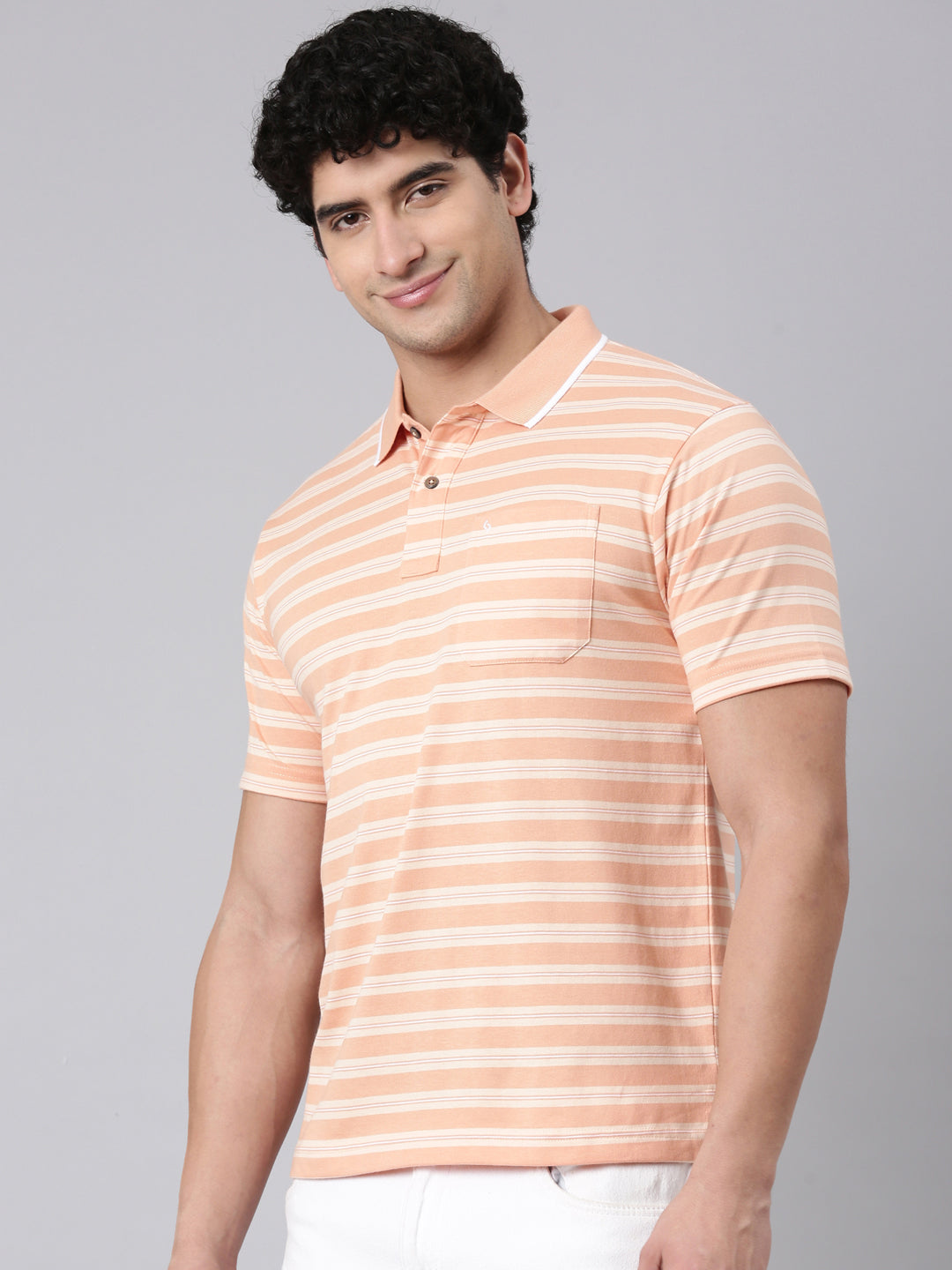 Classic Polo Men's Half Sleeve Orange Polo Neck Authentic Fit Striped Cotton Blend T-Shirt | FEEDERS - 306 A AF P