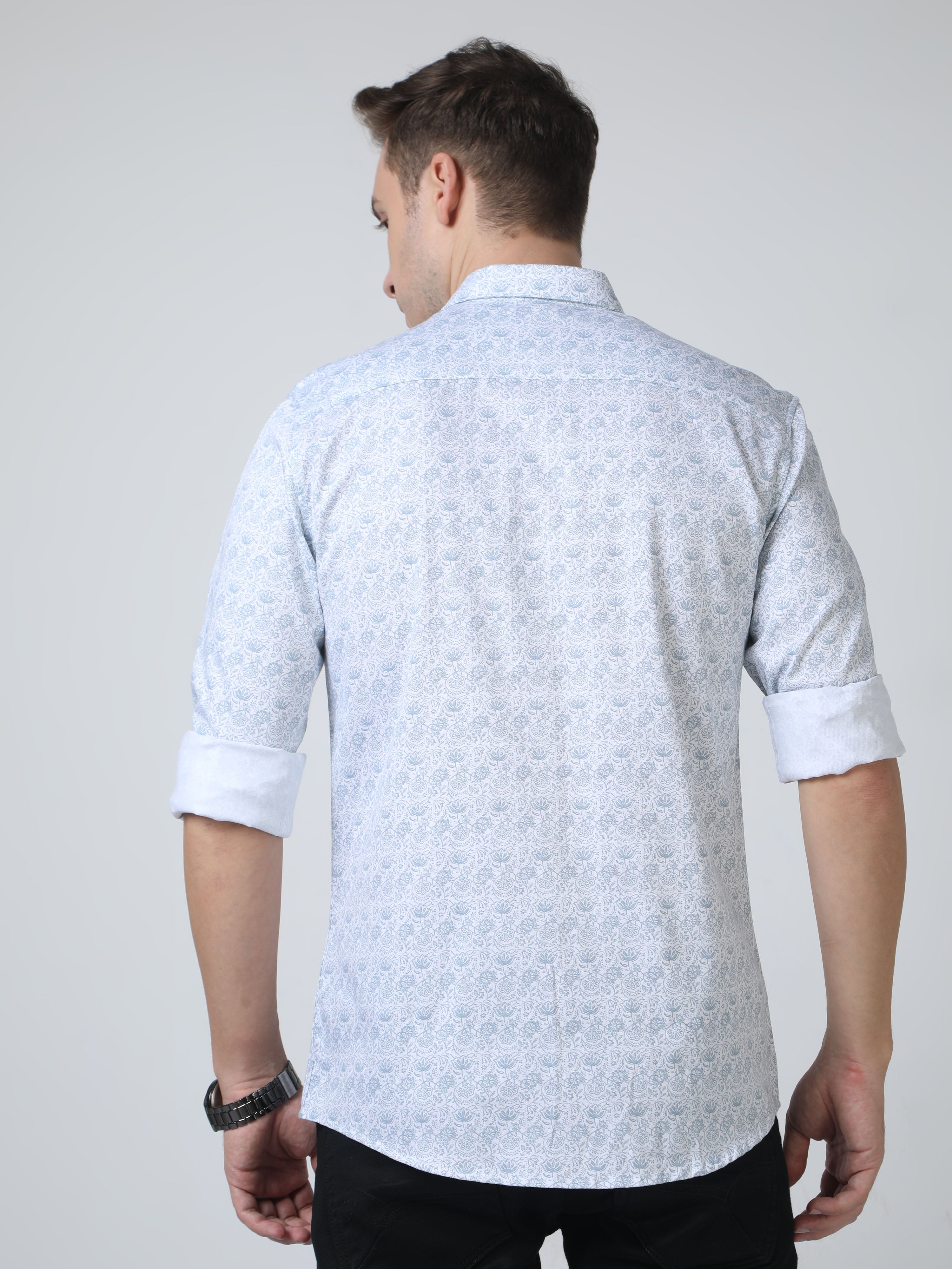CP BRO Mens Pure Cotton Full Sleeves Printed Slim Fit Polo Neck Aqua Blue Color Woven Shirt | Sbo2-21 A-Fs-Prt-Bsl