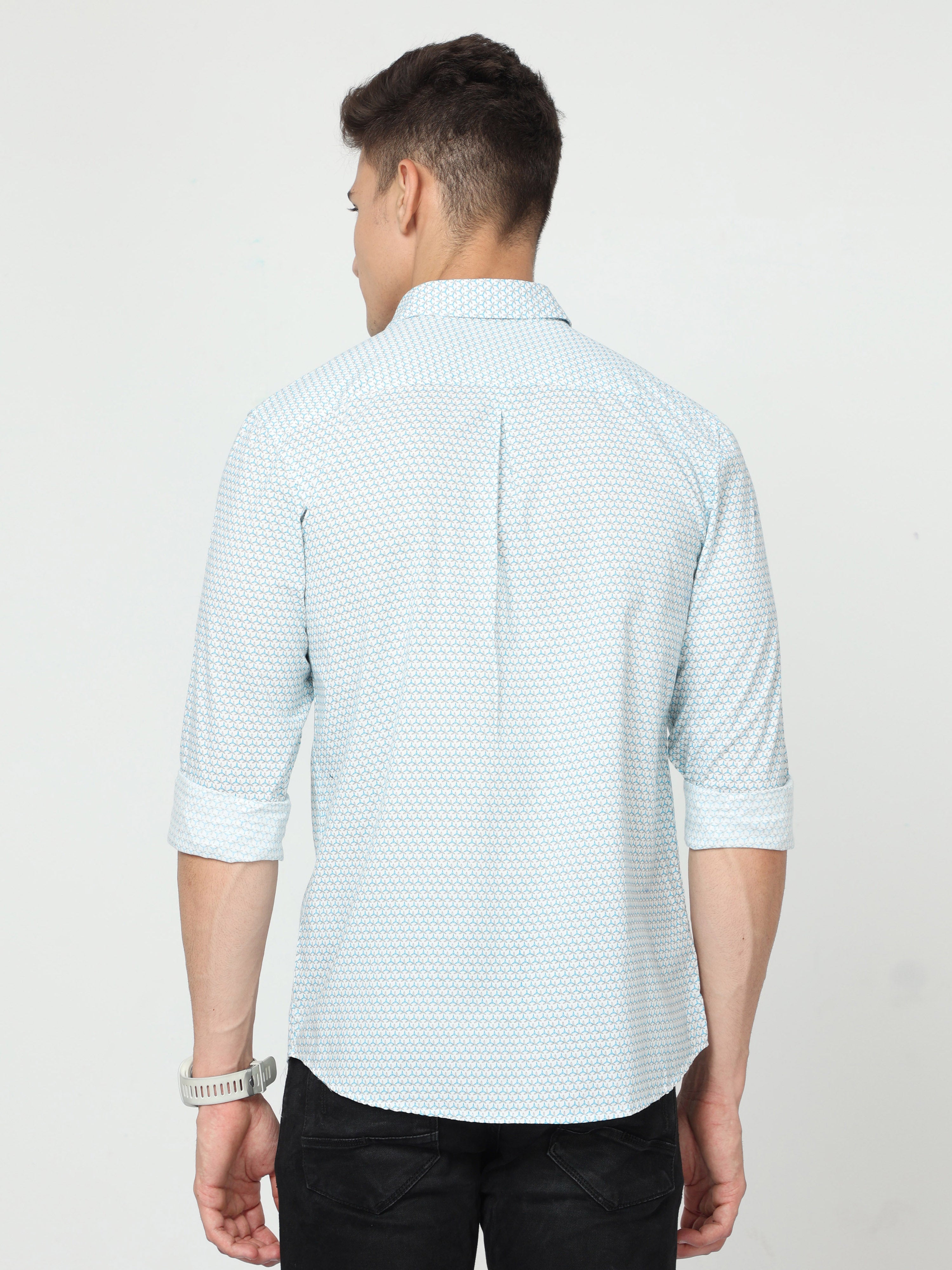 Classic Polo Men's Cotton Full Sleeve Printed Slim Fit Polo Neck Light Blue Color Woven Shirt | So1-147 B