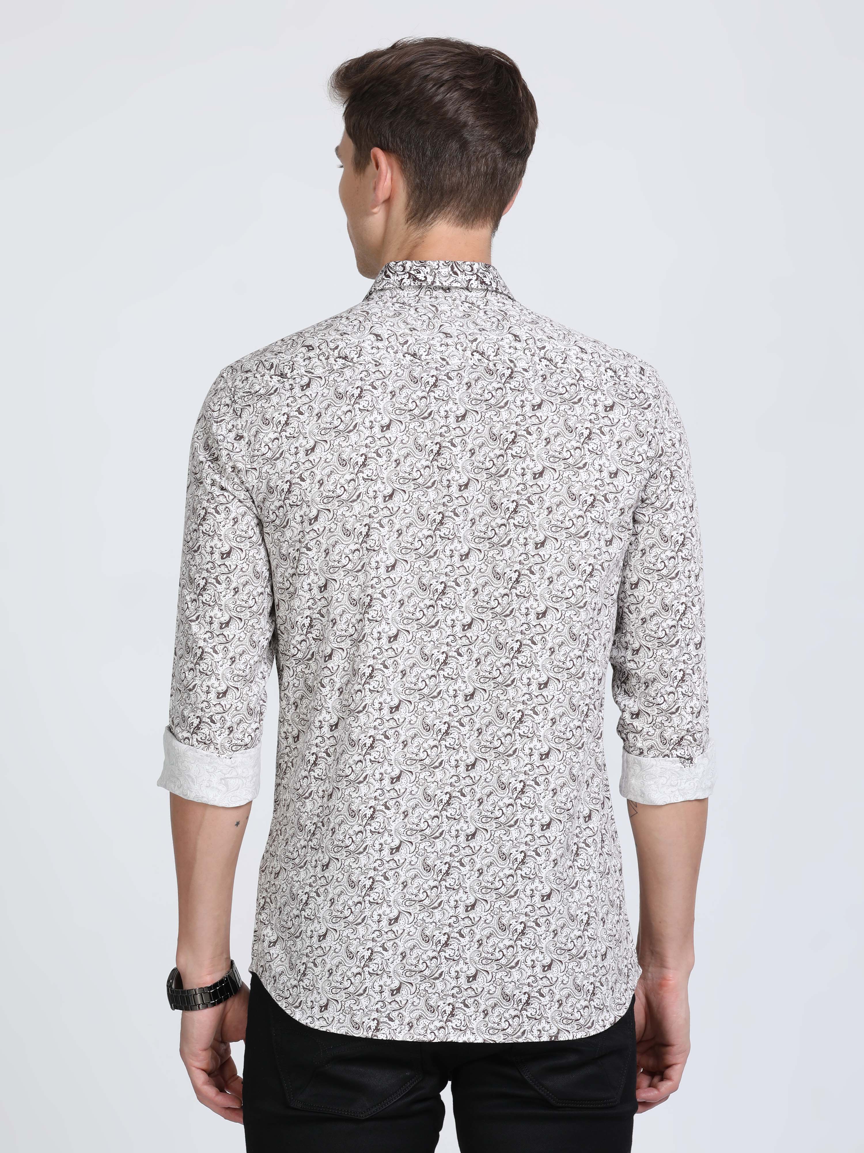 Classic Polo Mens Pure Cotton Full Sleeves Floral Slim Fit Polo Neck White Color Woven Shirt | So2-168 A-Fs-Prt-Sf