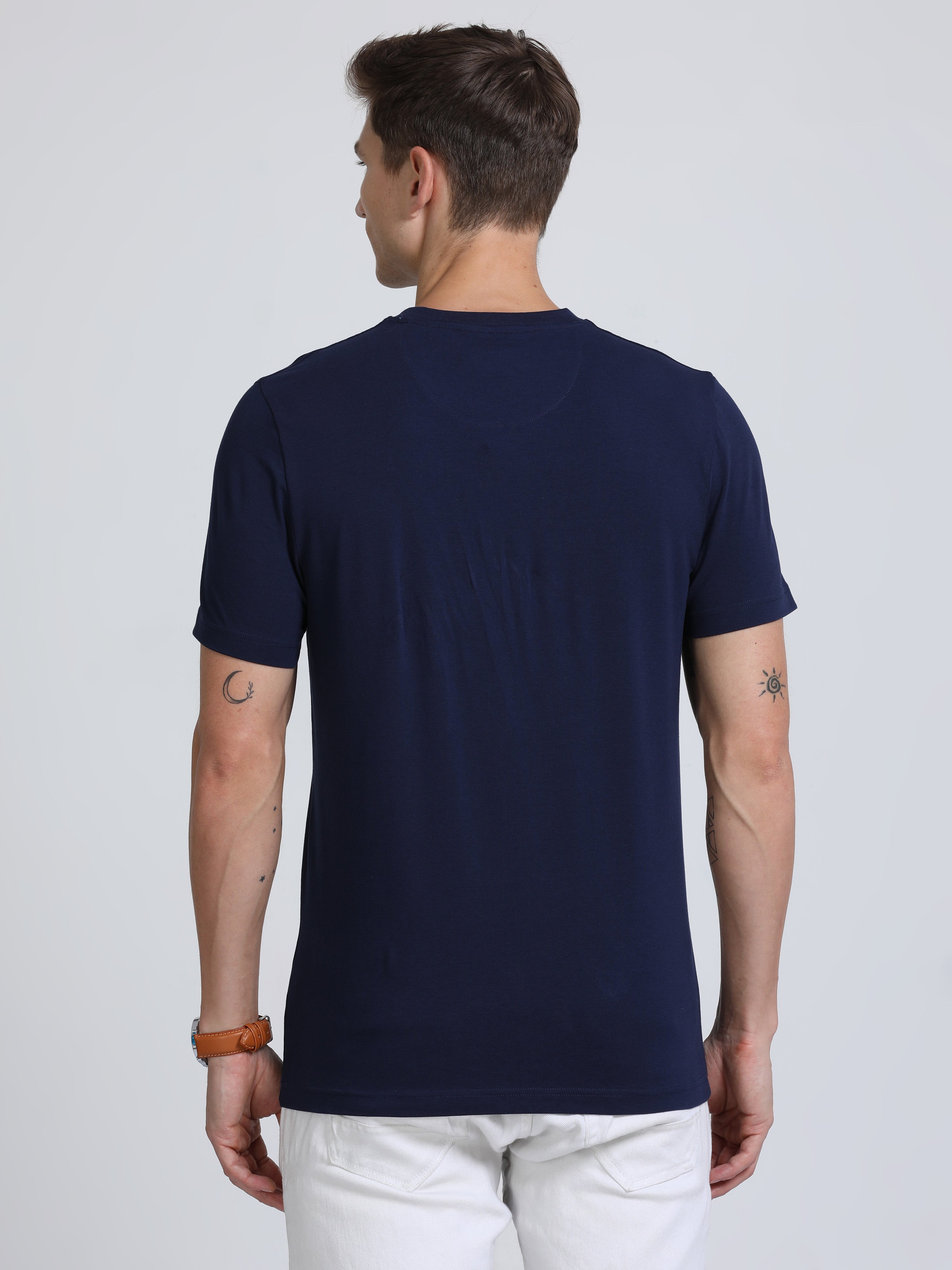 Classic Polo Mens Cotton Half Sleeves Printed Slim Fit Crew Neck Navy Color T-Shirt | Brcn - 551 A Sf C