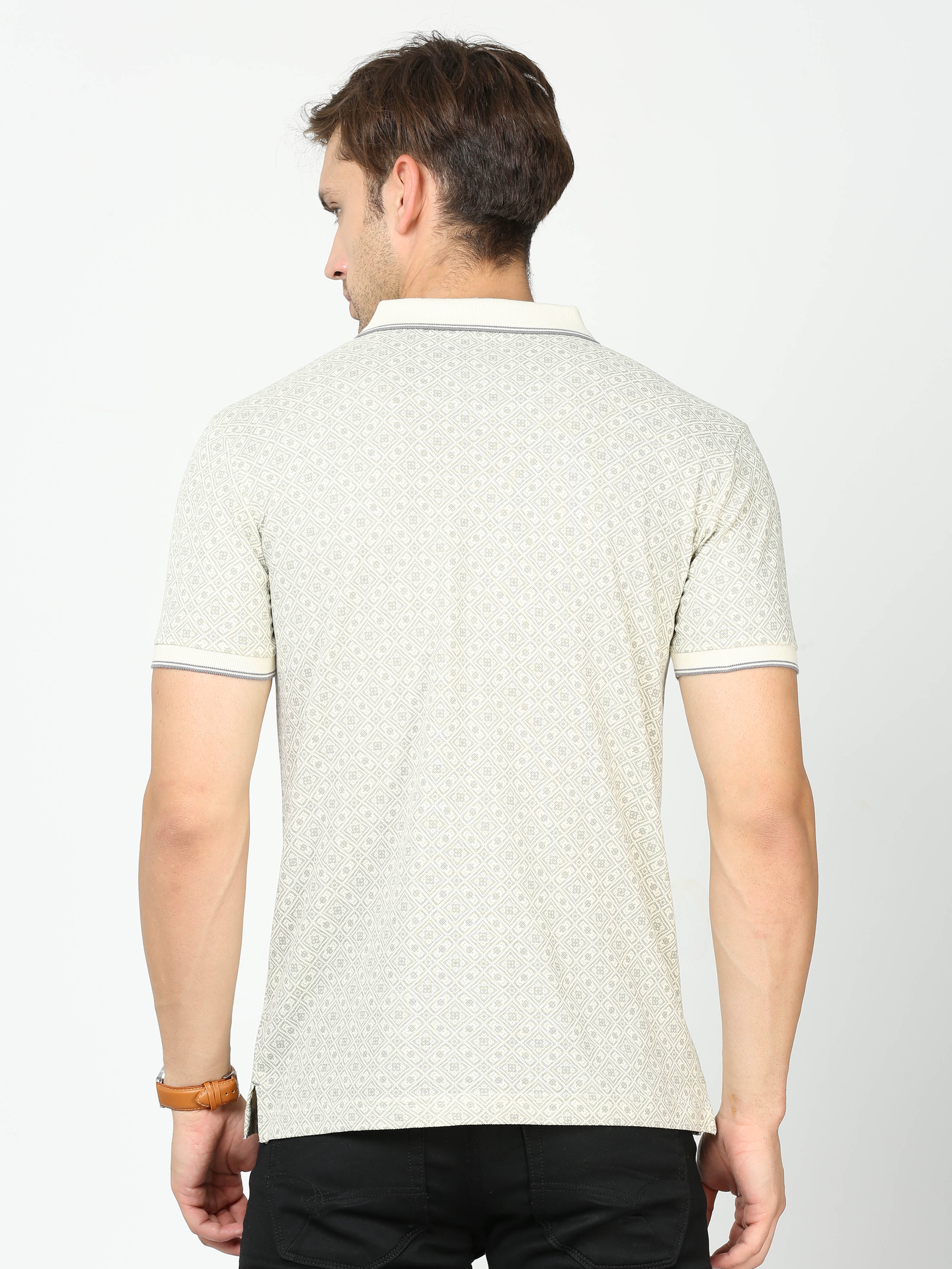 Classic Polo Mens Cotton Half Sleeves Floral Slim Fit Polo Neck Cream Color T-Shirt | Beau - 211 A Sf P