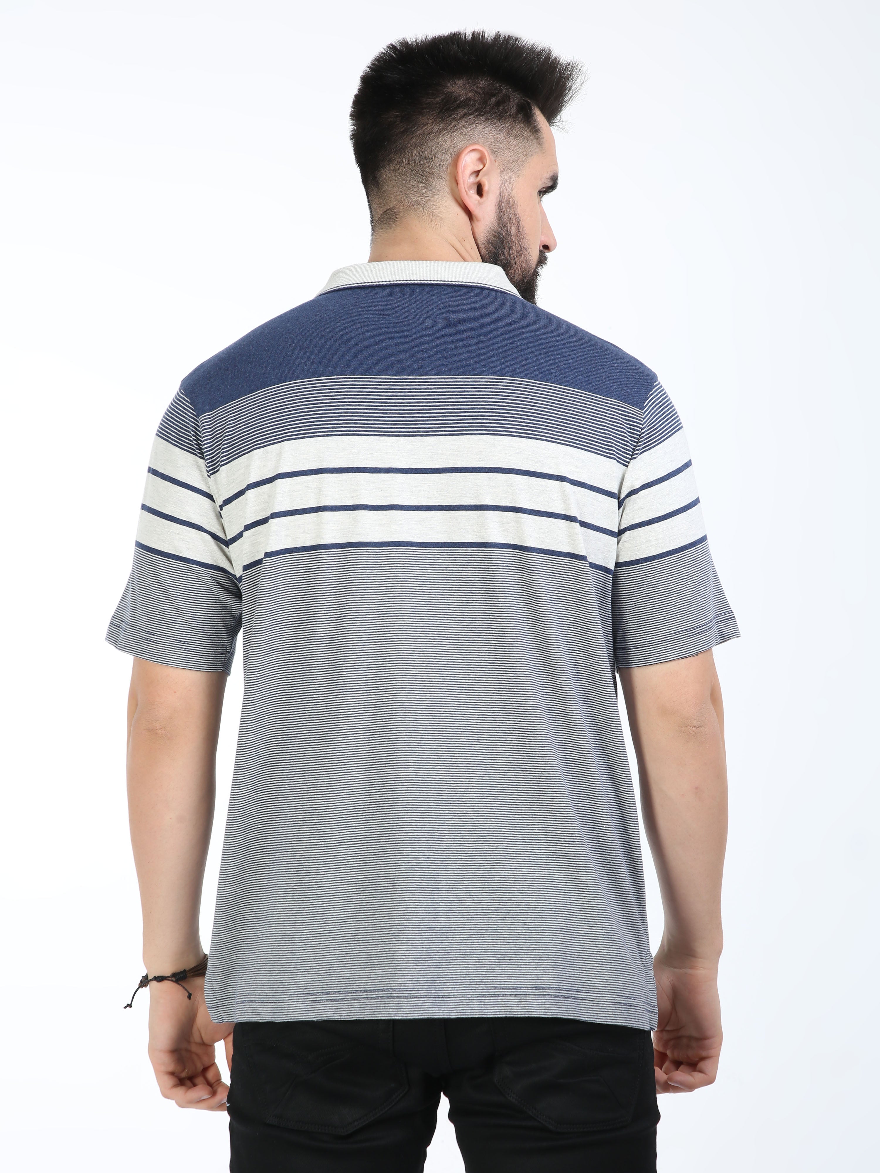 Classic Polo Mens Cotton Half Sleeves Striped Authentic Fit Polo Neck Navy Color T-Shirt | Mel - 242 A Af P