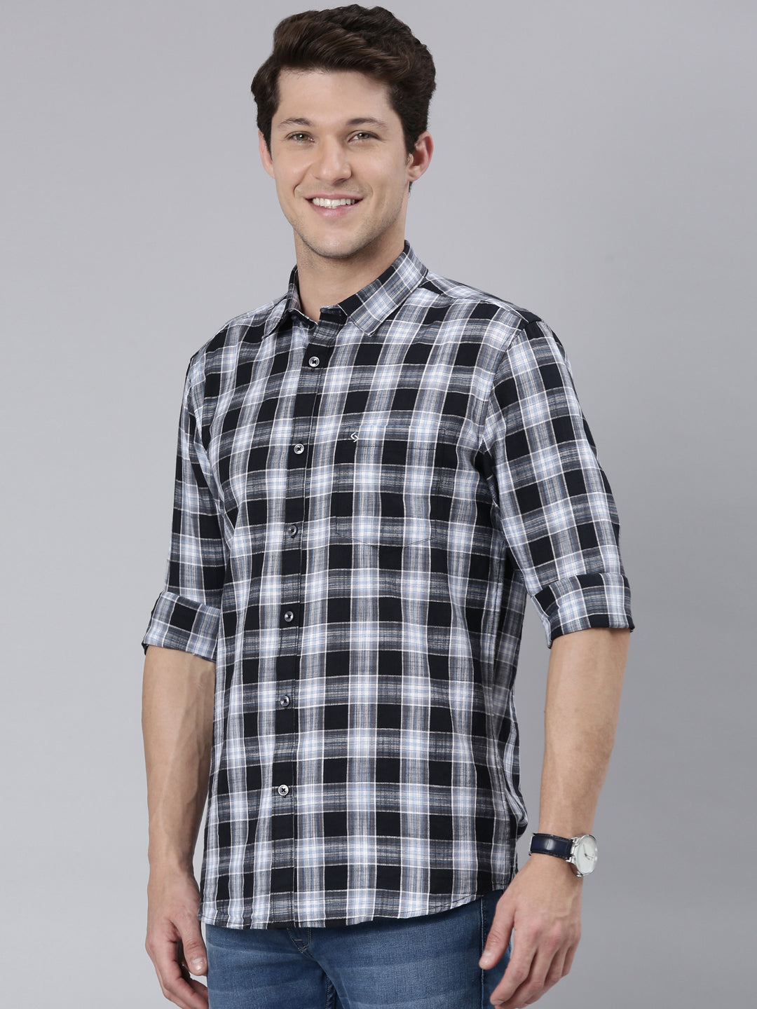 Classic Polo Men's Full Sleeve Black/White Polo Neck 100% Cotton Slim Fit Shirt | SP2-CL-70 B-FS-CHK-SF