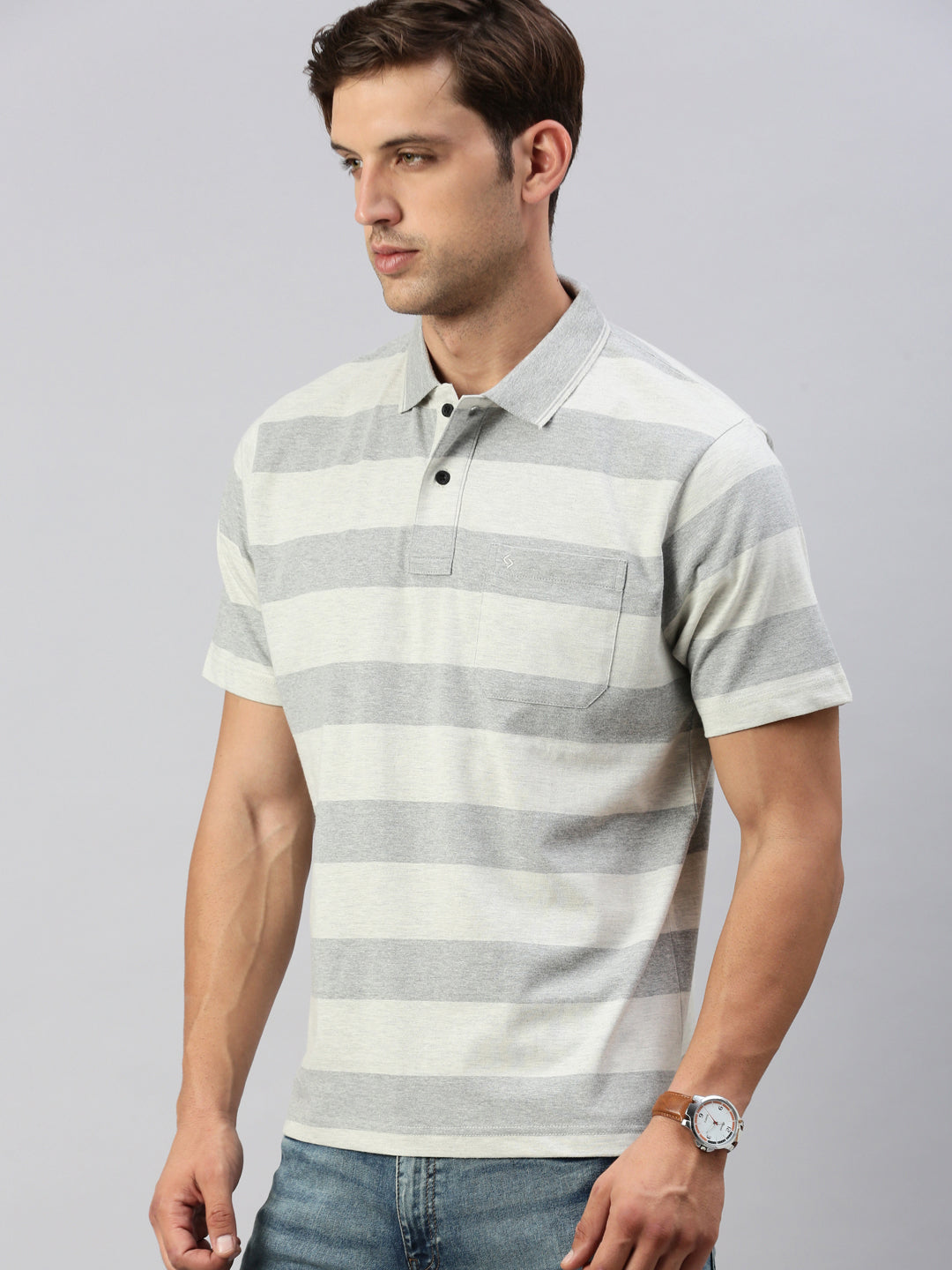 Classic Polo Men's Half Sleeve Grey Melange Polo Neck Cotton Authentic Fit T Shirt | MEL - 257 B AF P