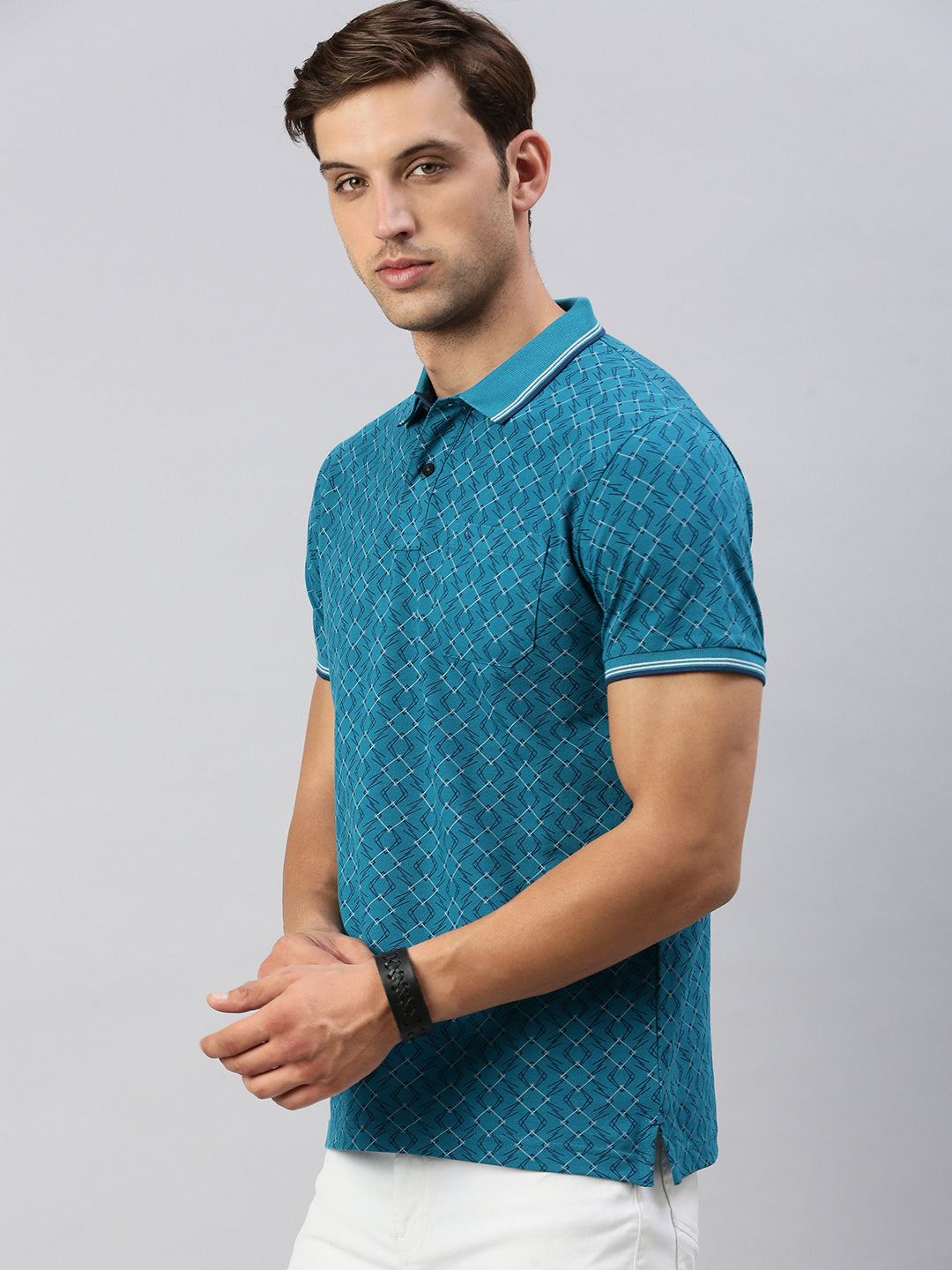 Classic Polo Men's Printed Teal Cotton Slim Fit Half Sleeve T-Shirt | BEAU - 261 B SF P