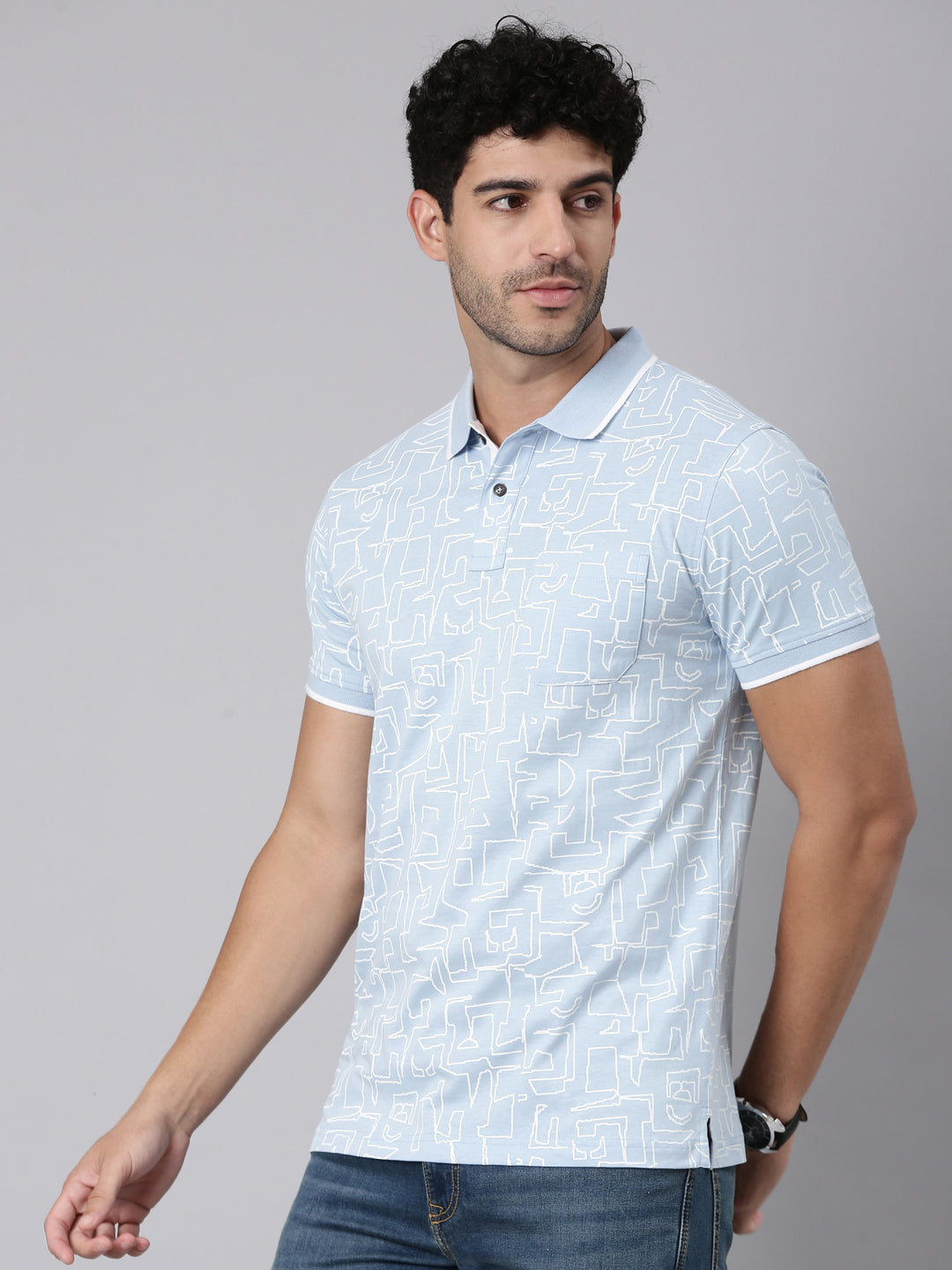 Classic Polo Men's Half Sleeve Blue Polo Neck Slim Fit All-Over Print Cotton T-Shirt | BELLO - 385 B SF P