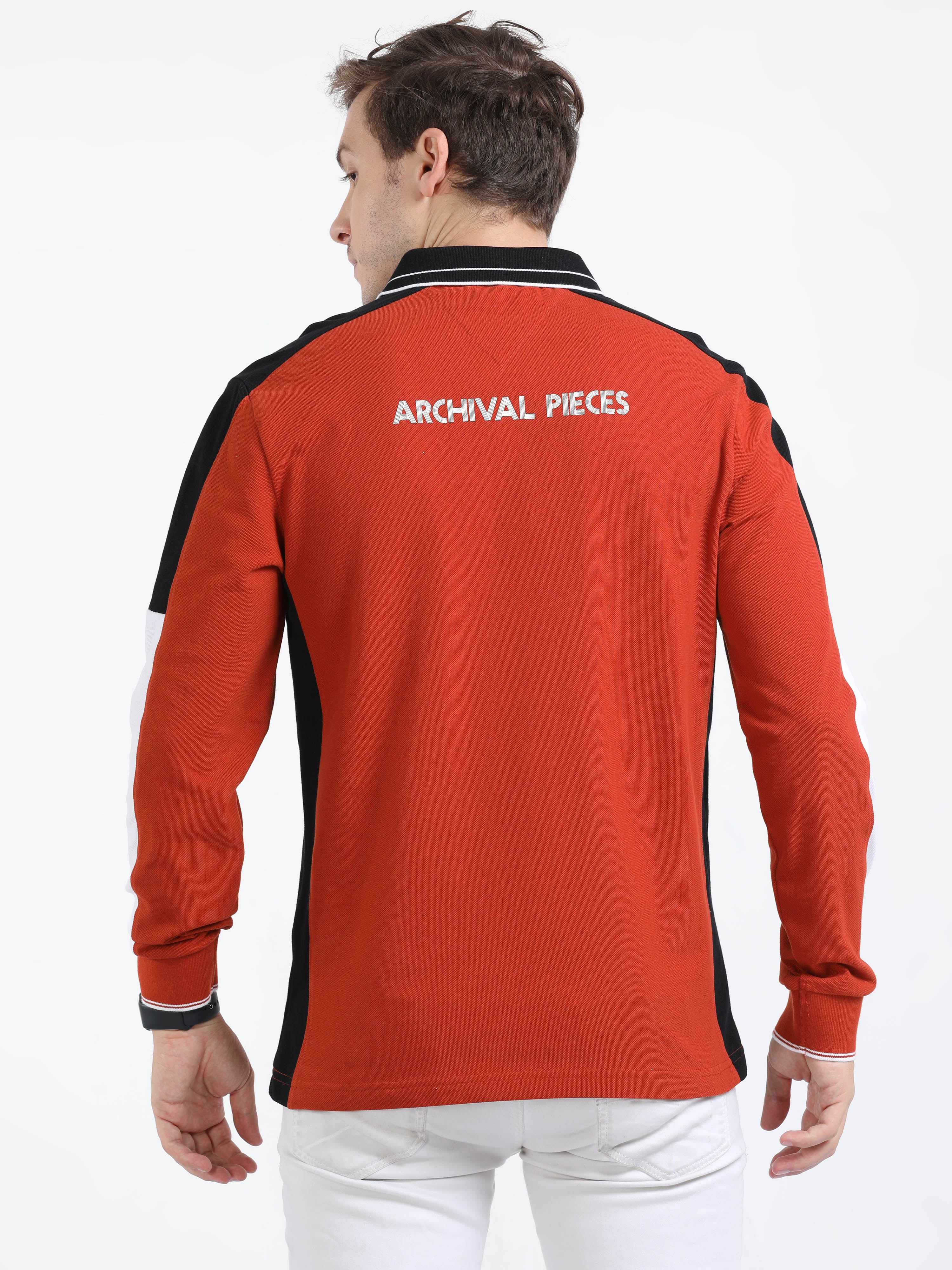 Classic Polo Mens Cotton Full Sleeve Color Blocked Slim Fit Polo Neck Red Color T-Shirt | Verno - 324 B Sf P