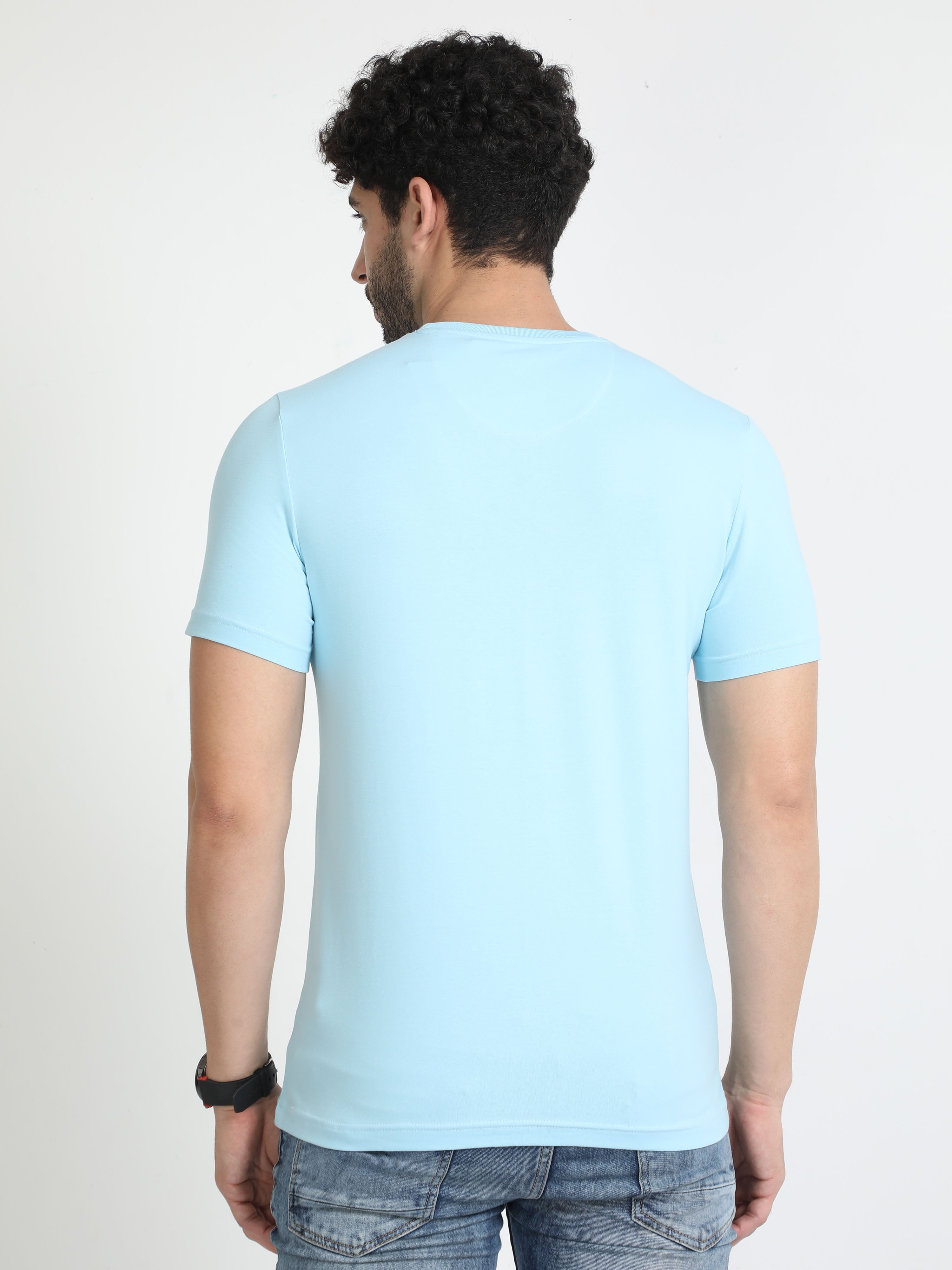 Classic Polo Mens Cotton Half Sleeves Printed Slim Fit Crew Neck Aqua Blue Color T-Shirt | Brcn - 551 B Sf C
