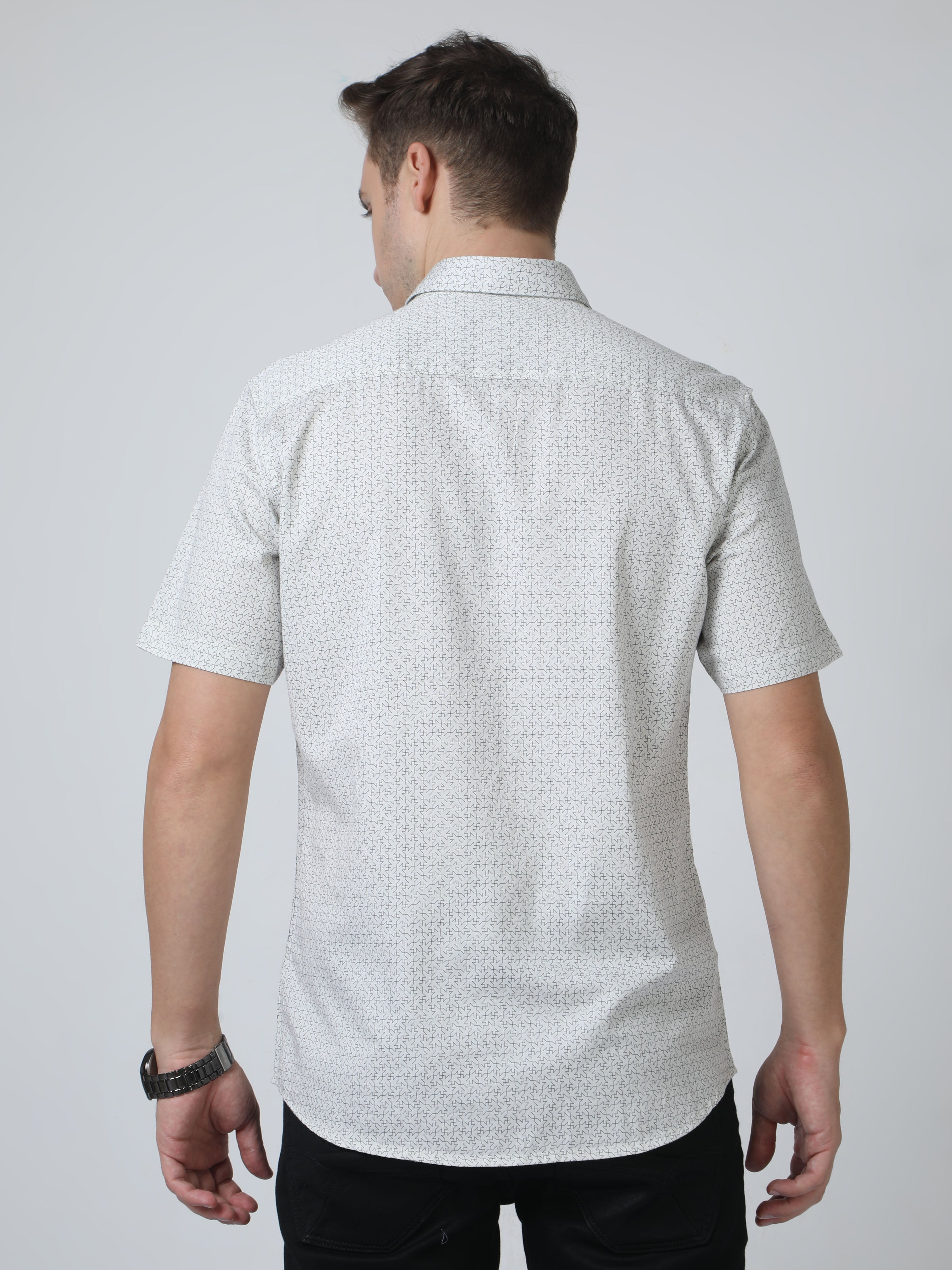 Classic Polo Mens Pure Cotton Half Sleeves Printed Slim Fit Polo Neck Cream Color Woven Shirt | So2-06 B-Hs-Prt-Sf