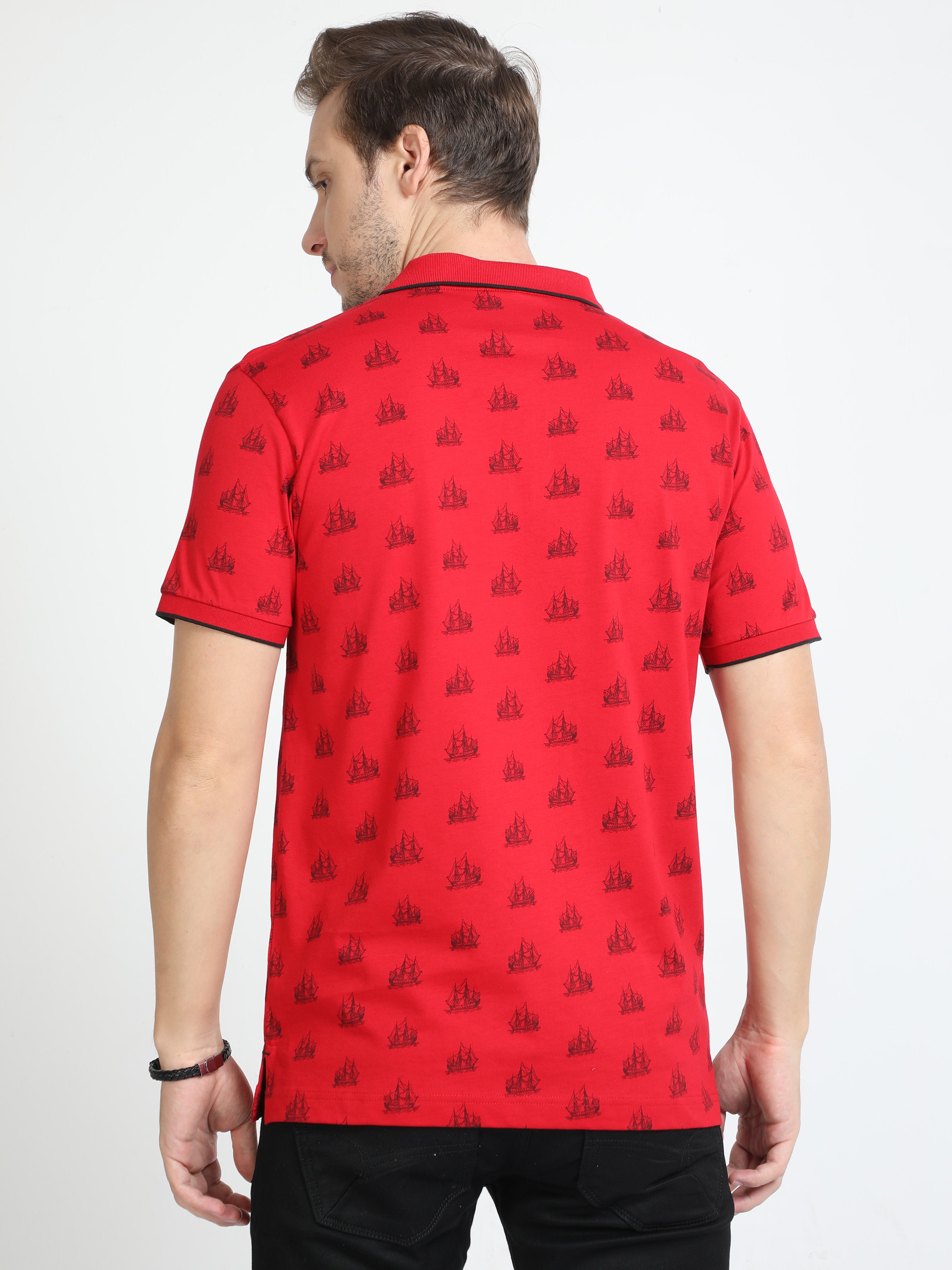 Classic Polo Mens Cotton Half Sleeves Floral Slim Fit Polo Neck Red Color T-Shirt | Bello - 227 A Sf P