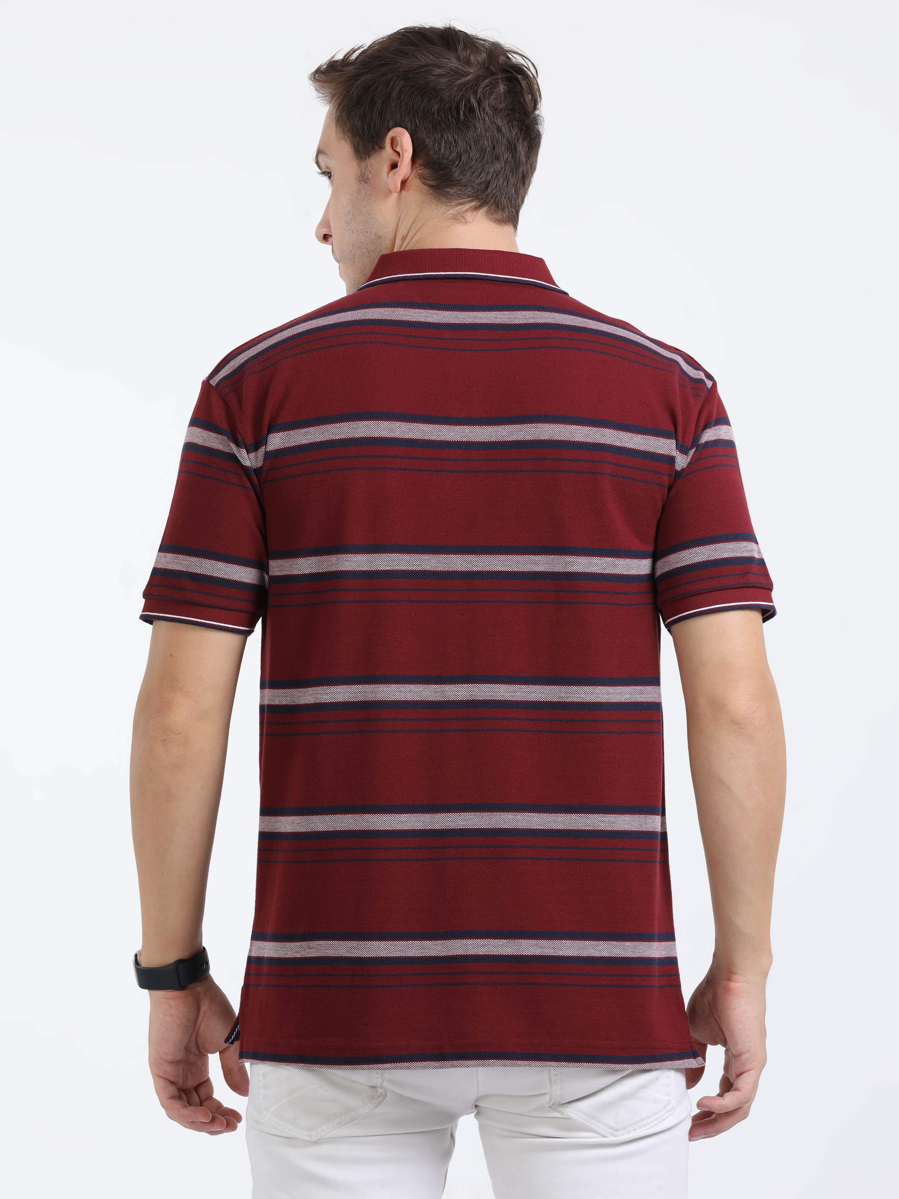 Classic Polo Mens Cotton Half Sleeves Striped Slim Fit Polo Neck Brown Color T-Shirt | Adore - 209 A Sf P