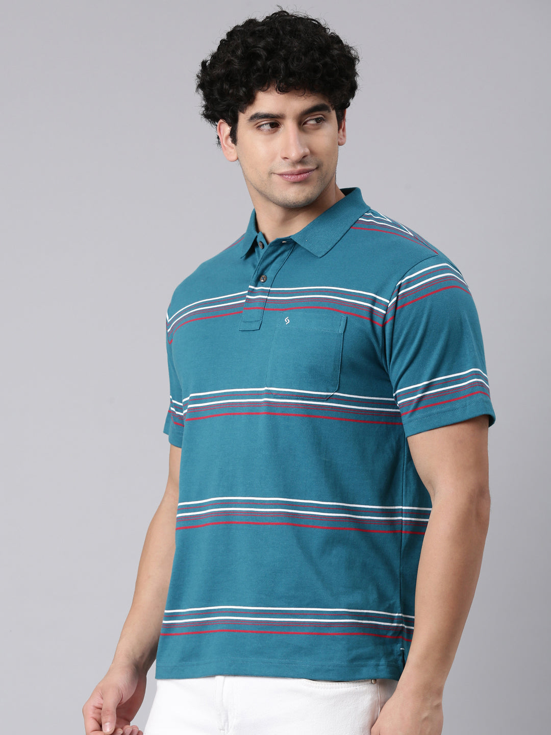 Classic Polo Men's Half Sleeve Teal Blue Polo Neck Authentic Fit Striped Cotton Blend T-Shirt | AVON - 650 B AF P