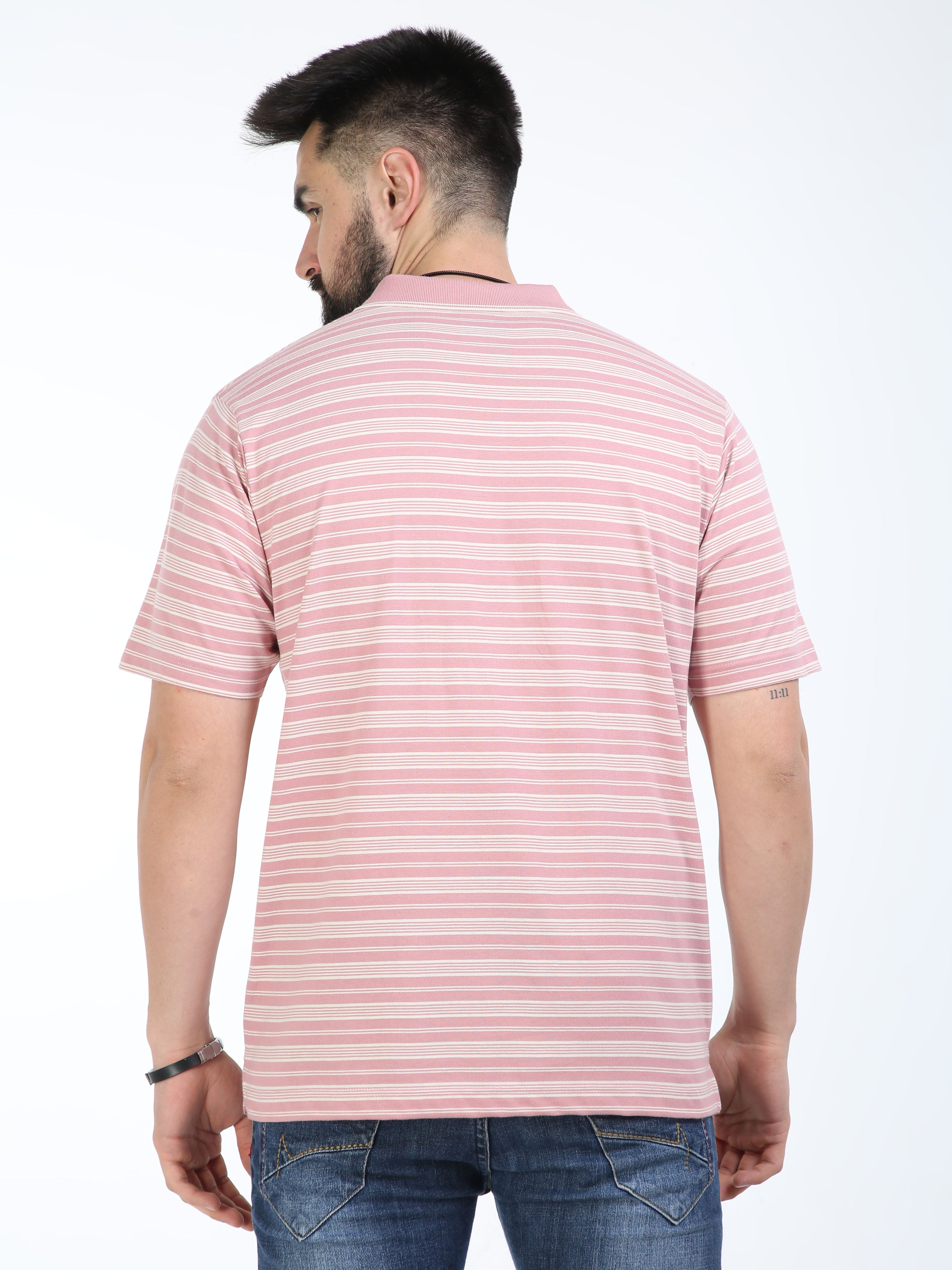 Classic Polo Mens Cotton Half Sleeves Striped Authentic Fit Polo Neck Peach Color T-Shirt | Feeders-234 B Af P