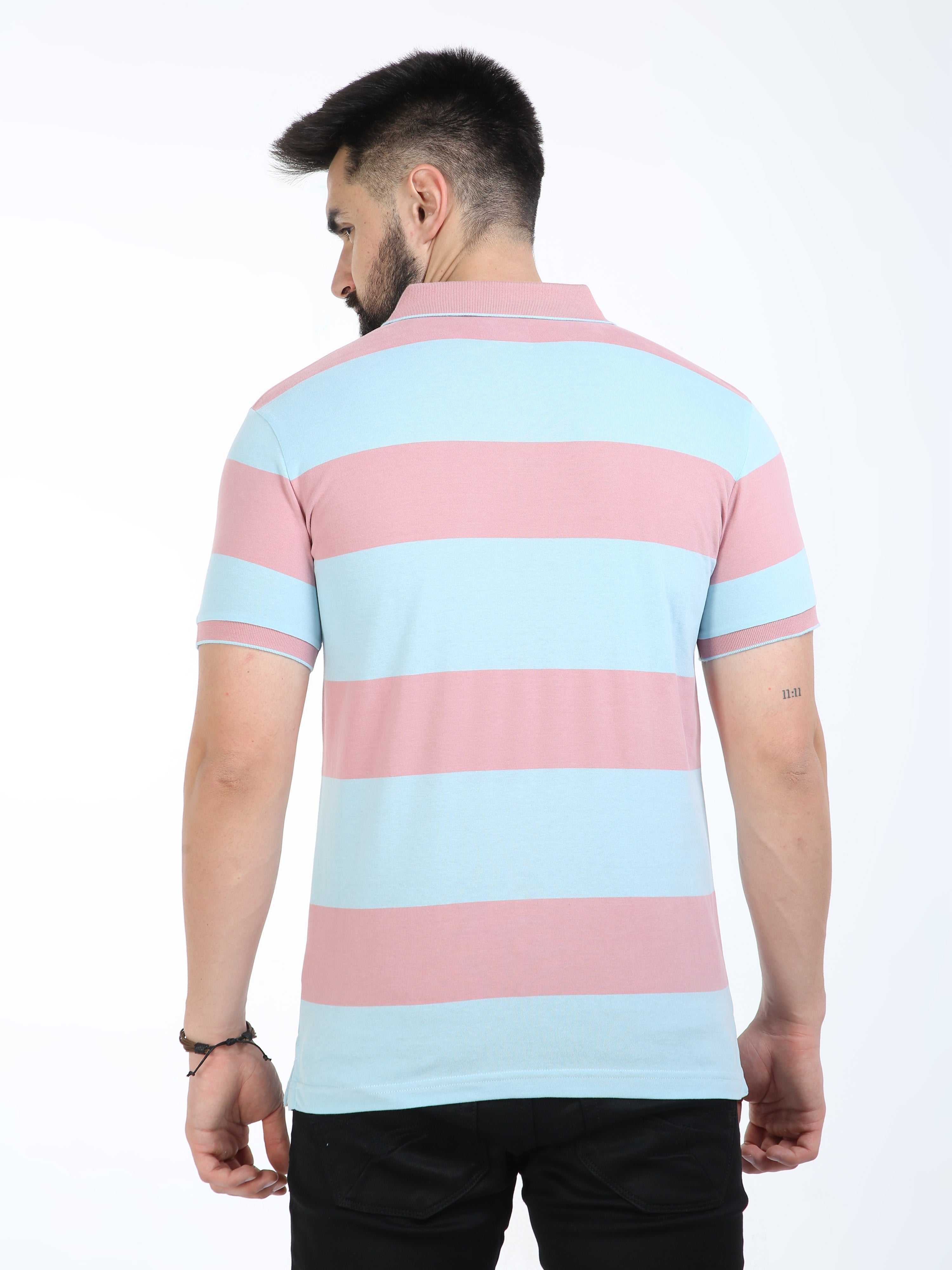 Classic Polo Mens Cotton Half Sleeves Striped Slim Fit Polo Neck Pink Color T-Shirt | Cpeg - 312 B Sf P