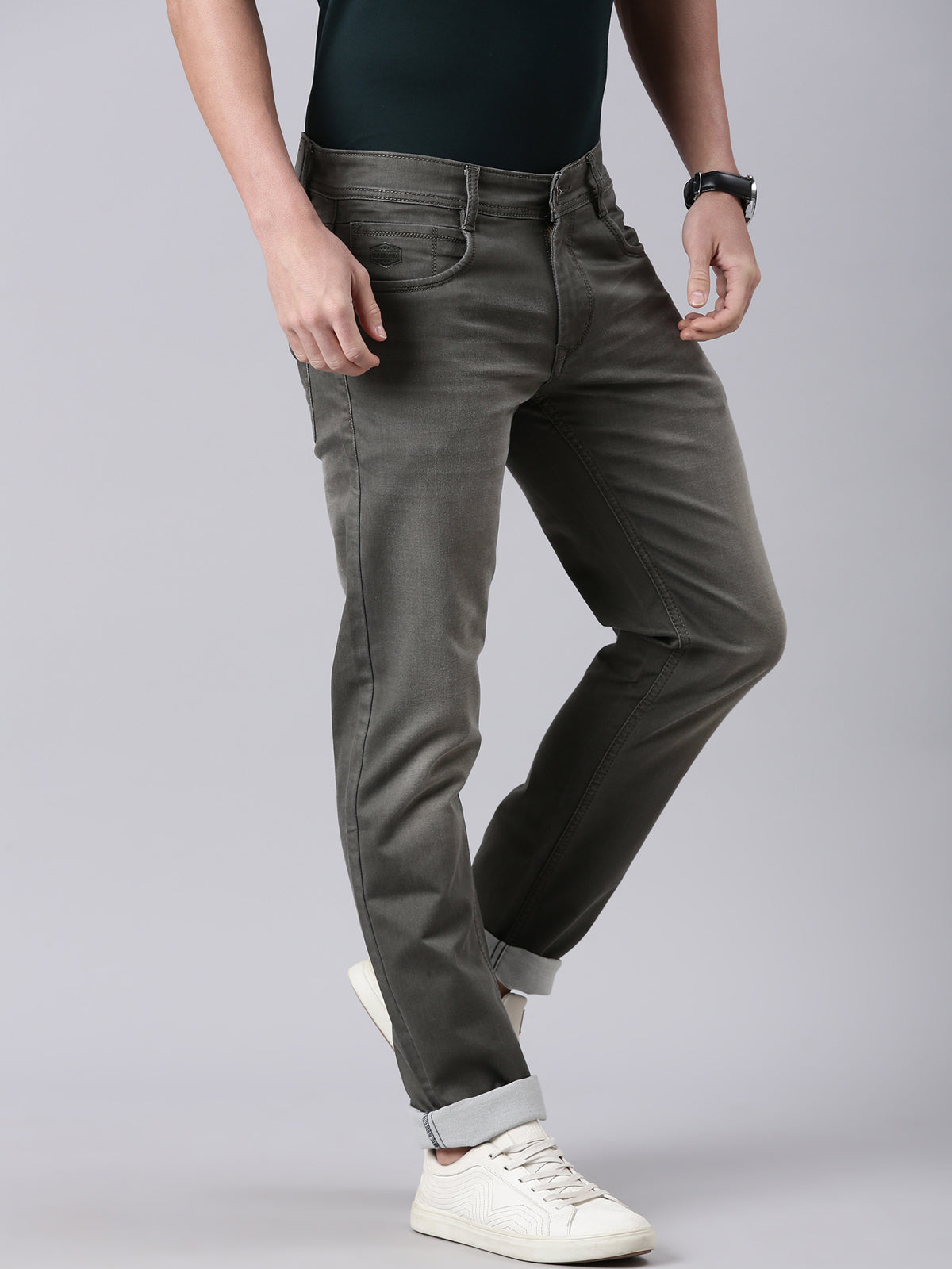 Classic Polo Men's Olive Green Slim Fit Solid Cotton Denim | CPDQ2-46-OLIVE-SF