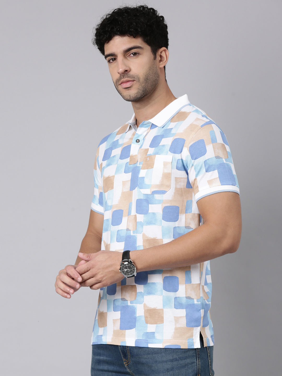 Classic Polo Men's Half Sleeve Multicolor Polo Neck Slim Fit All-Over Print Cotton T-Shirt | BELLO - 381 A SF P