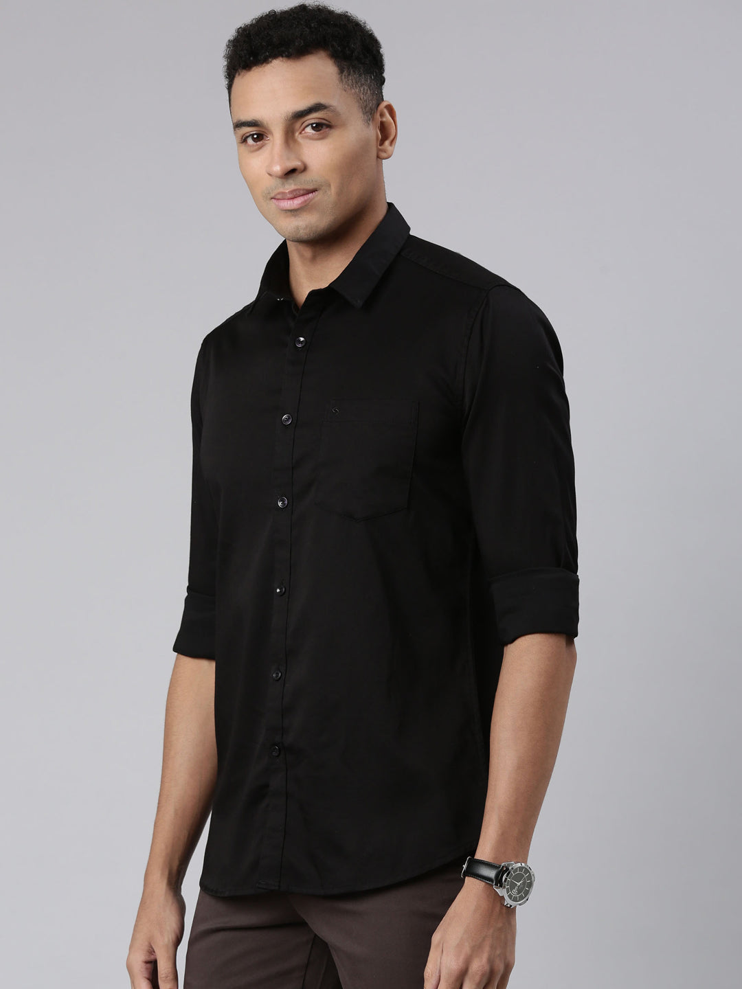 Classic Polo Men's Full Sleeve Black Polo Neck Cotton Slim Fit Casual Shirt | SP2-EL-08 B-FS-SLD-SF