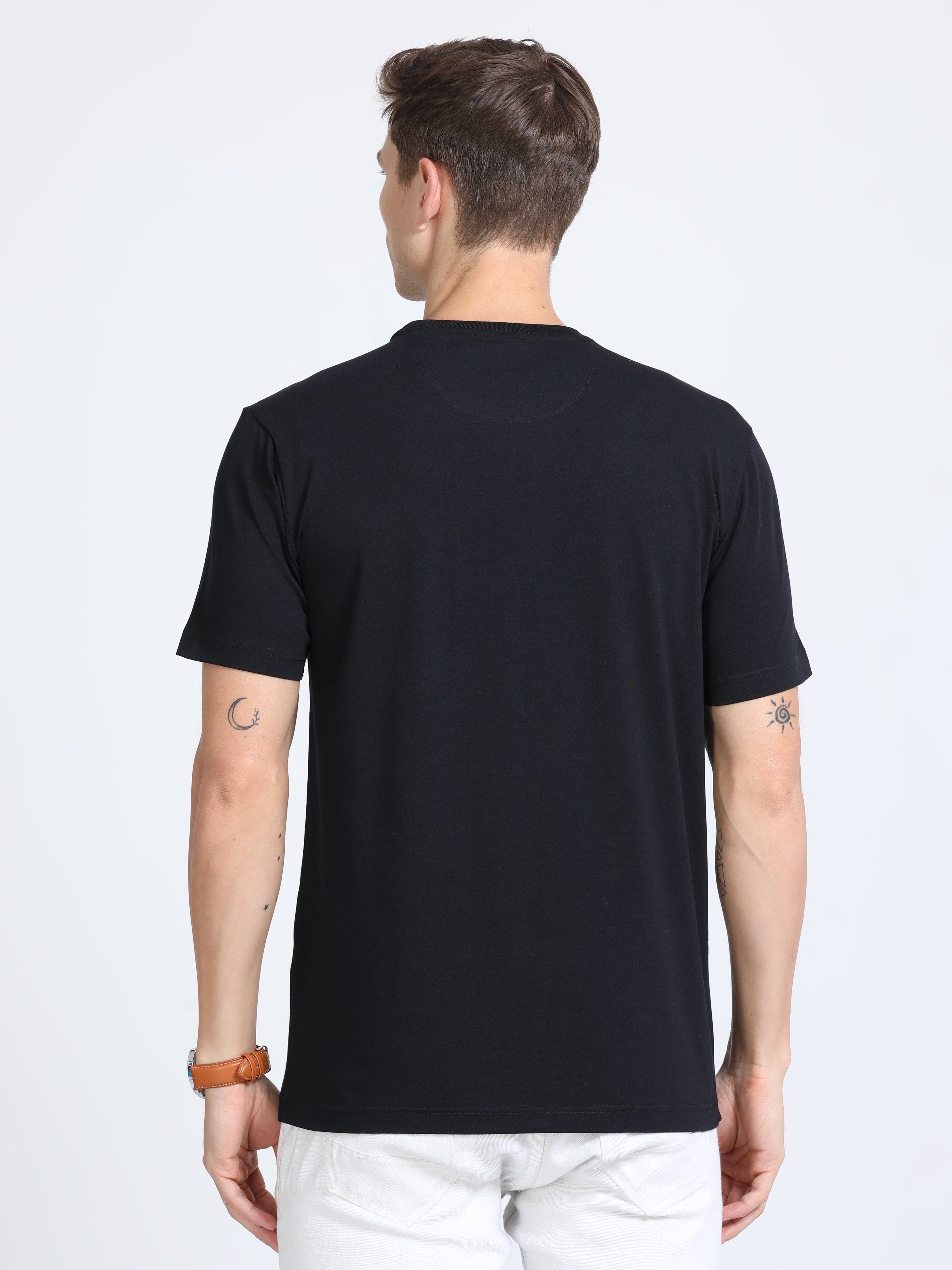 Classic Polo Mens Cotton Half Sleeves Printed Slim Fit Crew Neck Black Color T-Shirt | Baleno - 553 A Sf C