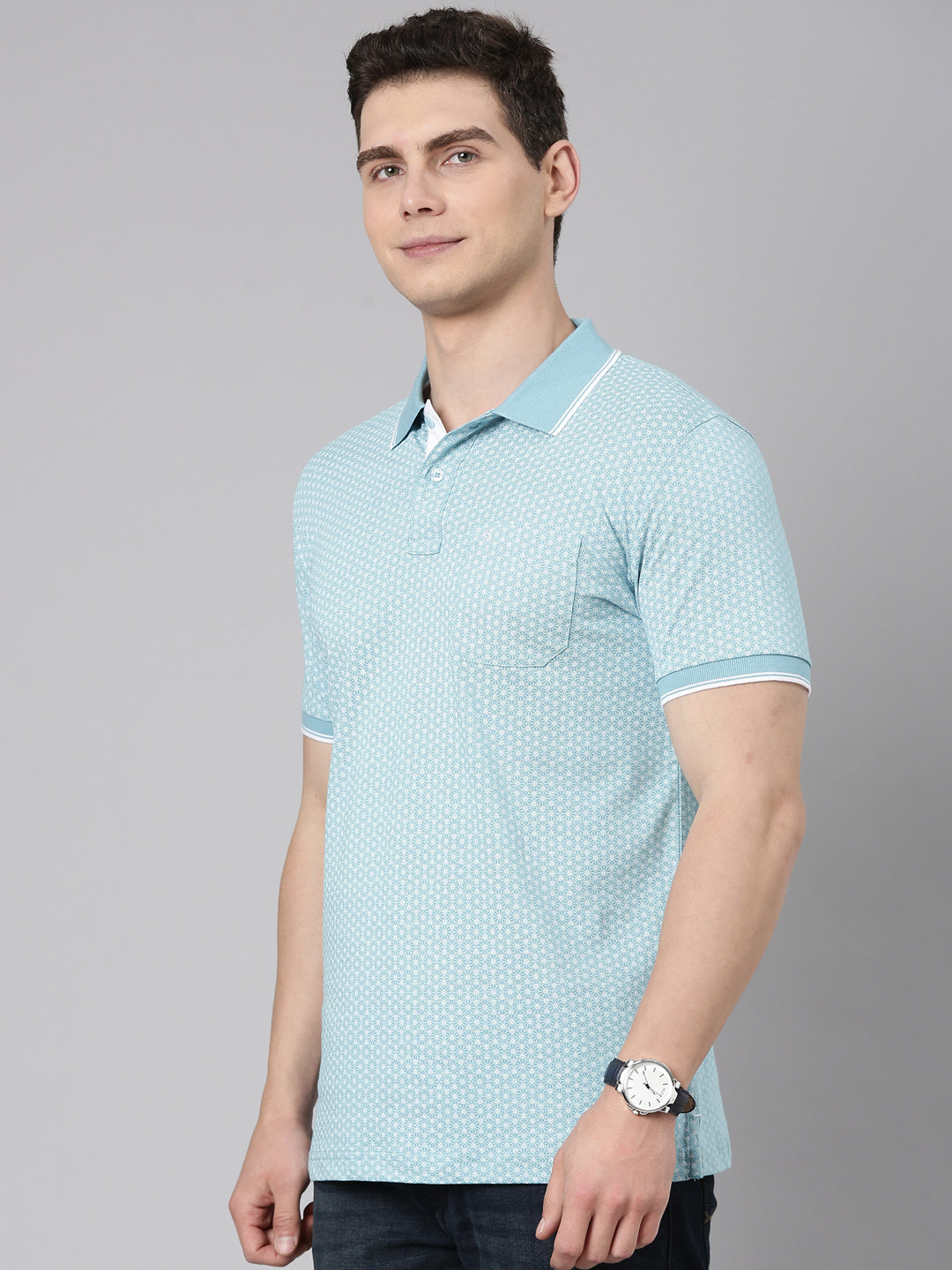 Classic Polo Men's Half Sleeve Blue/White Polo Neck Slim Fit All Over Print Cotton T-Shirt | BELLO - 343 B SF P