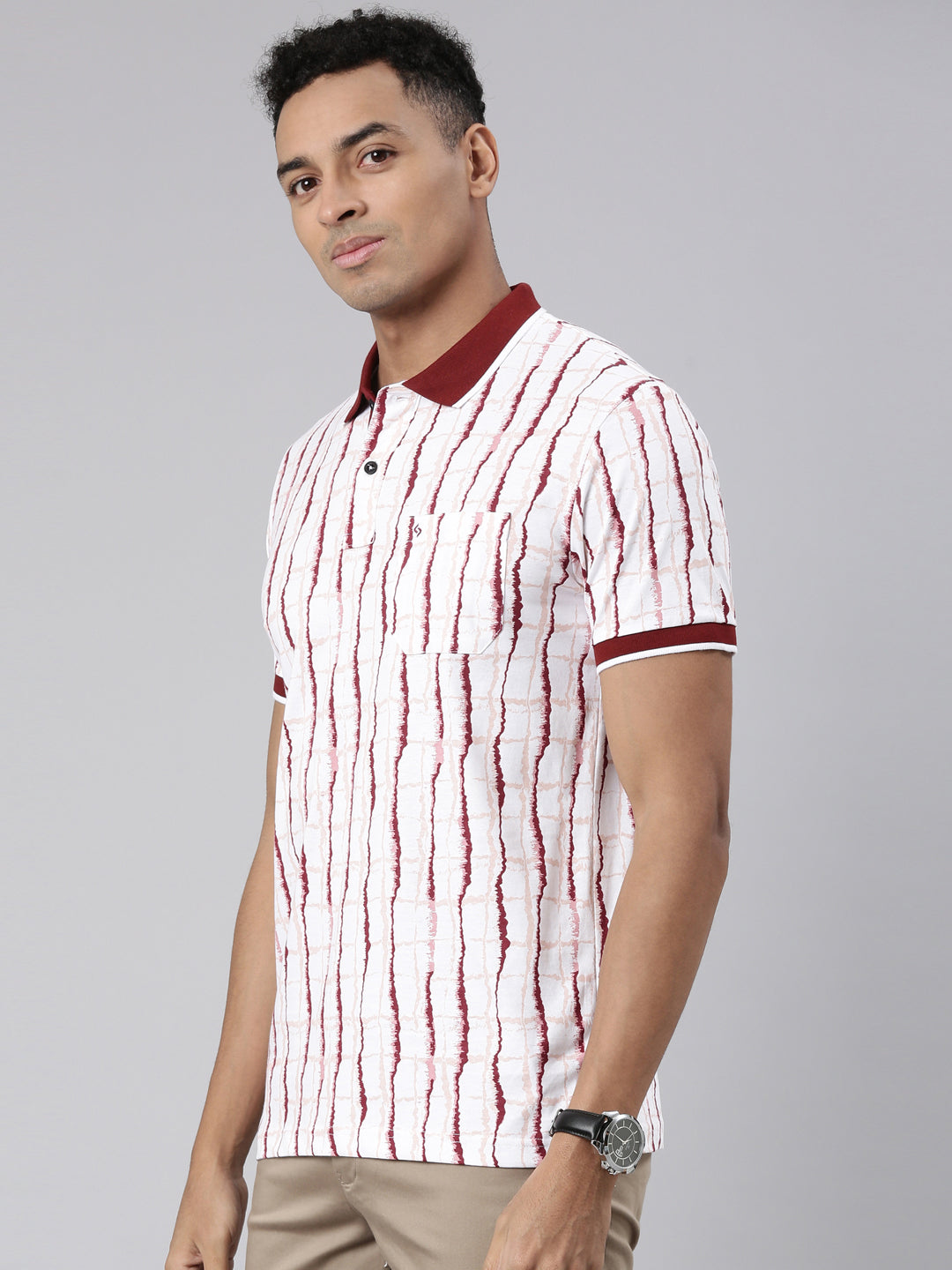 Classic Polo Men's Half Sleeve Maroon/White Polo Neck Cotton Blend Slim Fit T-Shirt | BELLO - 303 B SF P