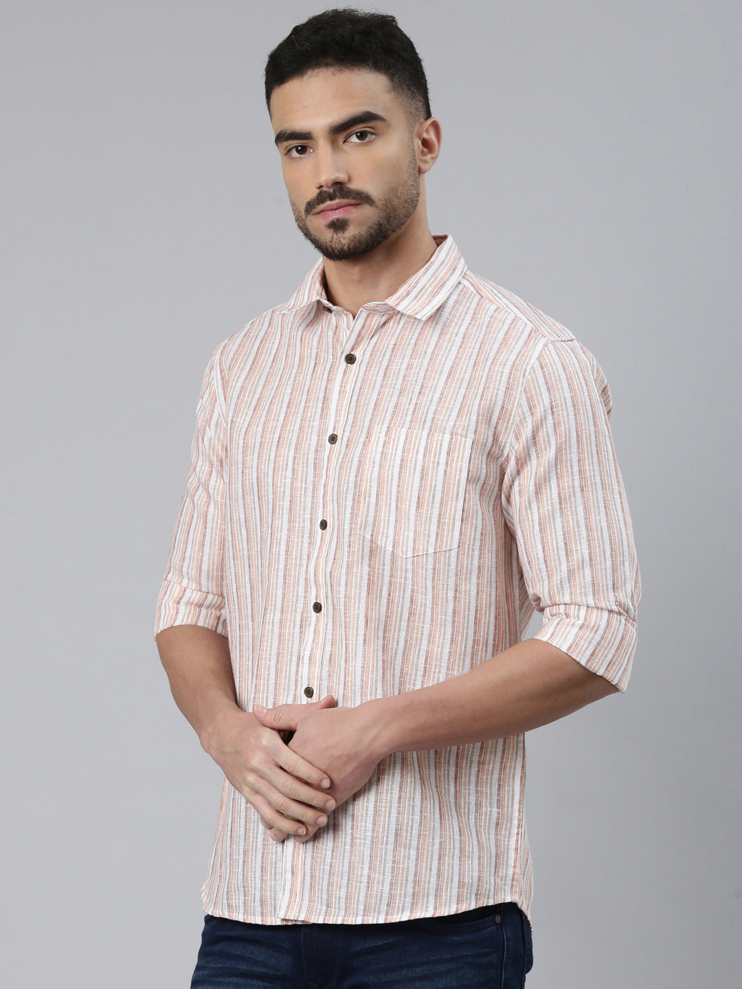 Classic Polo Men's Multicolor Polo Neck Striped Cotton Slim Fit Woven Shirt | SQ2-EL-08 B-FS-STR-SF