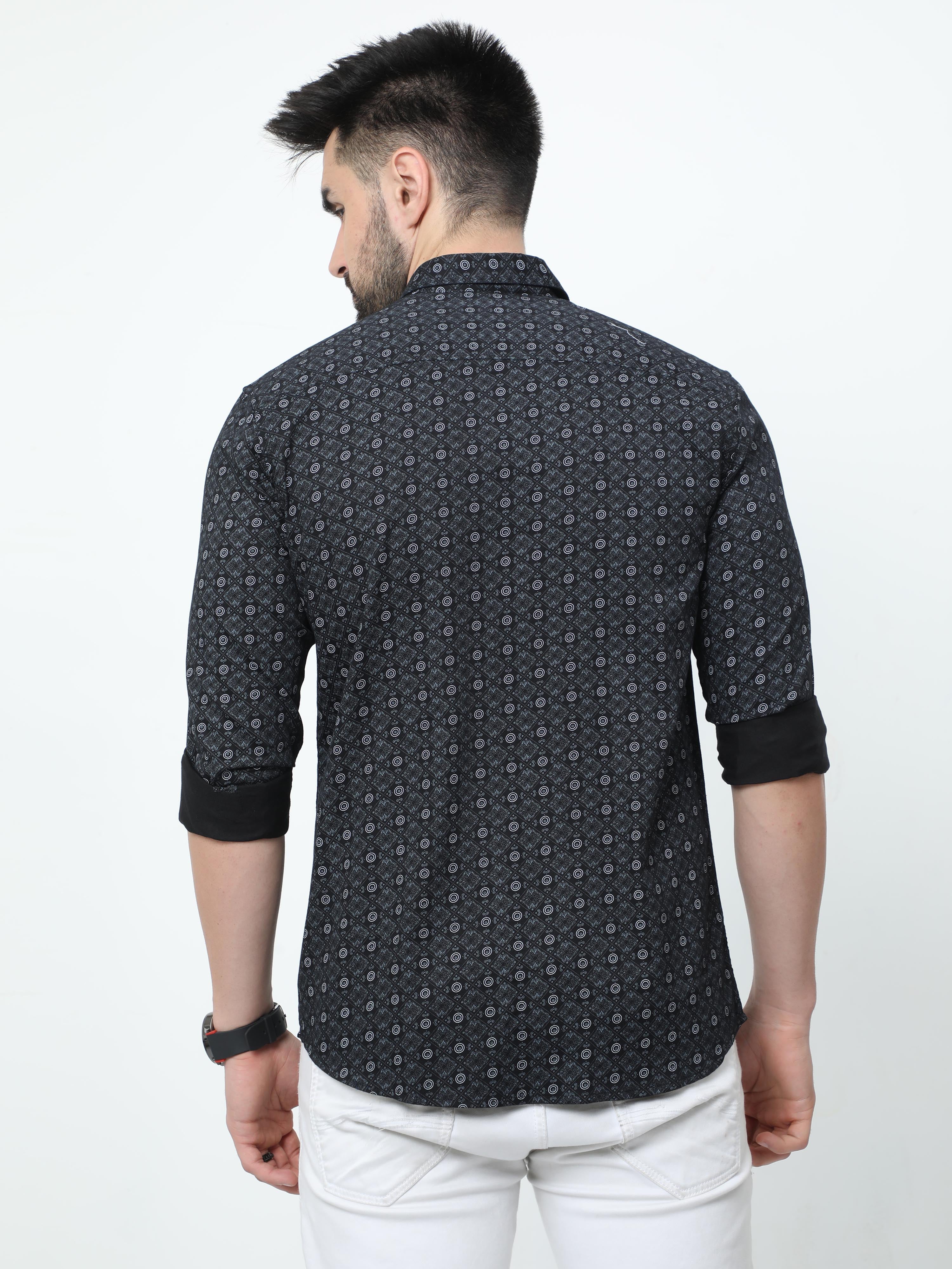 Classic Polo Mens Pure Cotton Full Sleeves Printed Slim Fit Polo Neck Black Color Woven Shirt | So2-170 B-Fs-Prt-Sf