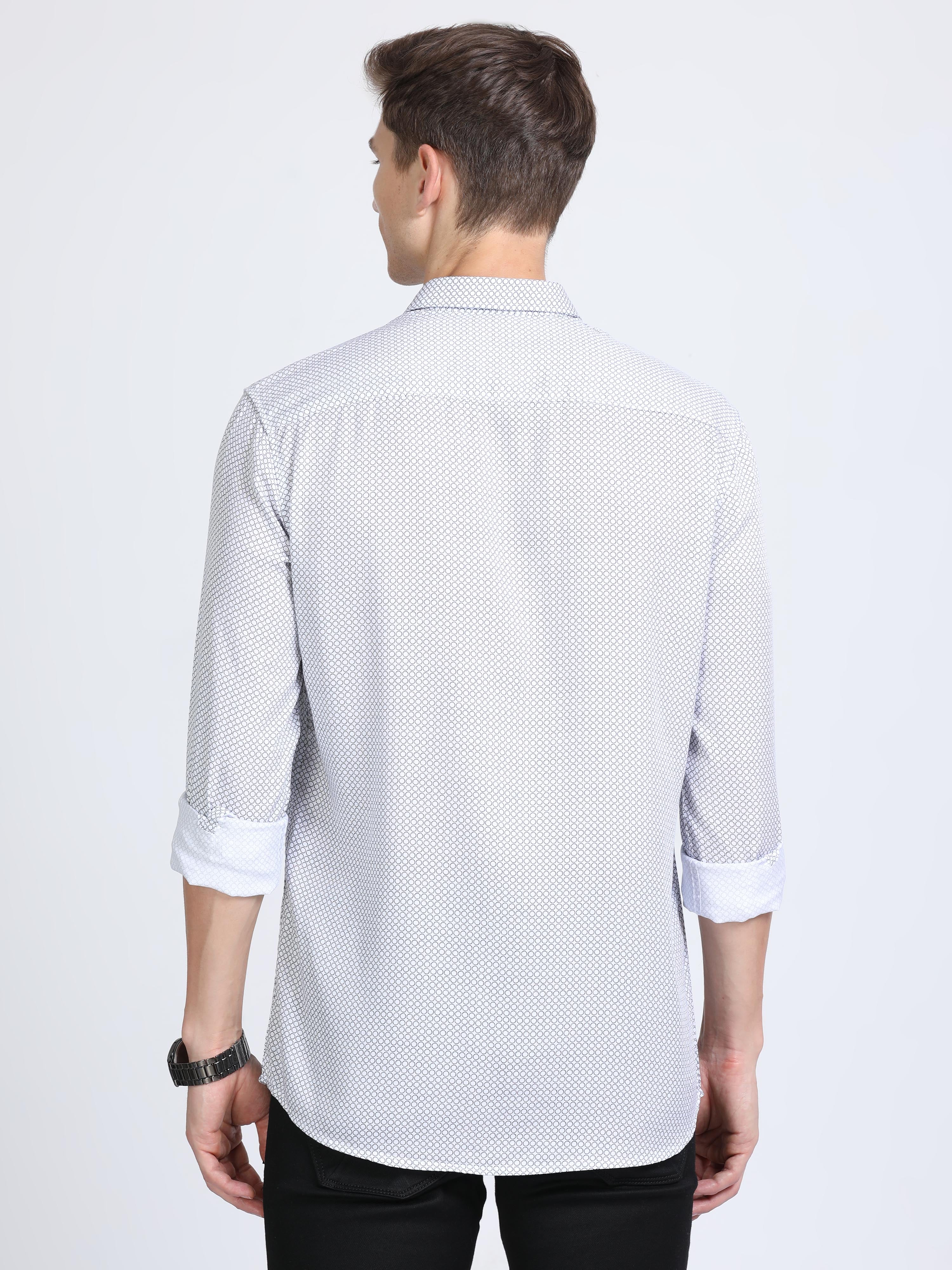 Classic Polo Mens Pure Cotton Full Sleeves Printed Slim Fit Polo Neck White Color Woven Shirt | So2-160 A-Fs-Prt-Sf