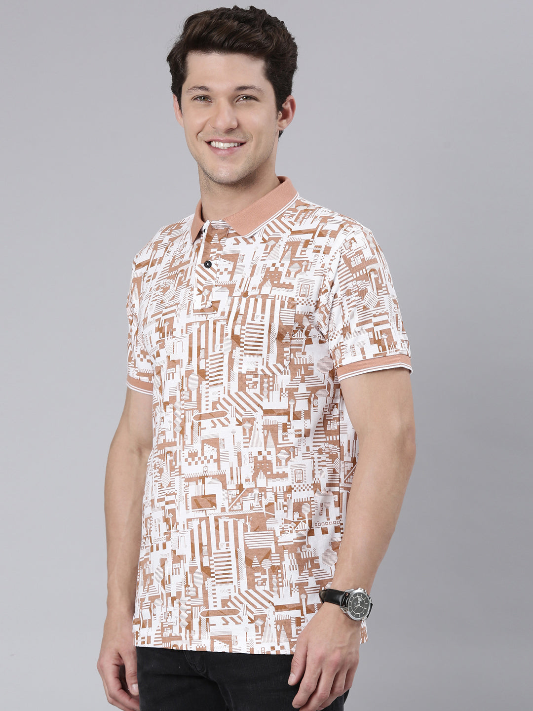 Classic Polo Men's Half Sleeve White/Lt.Brown Polo Neck Cotton Blend Slim Fit T-Shirt | BEAU - 267 B SF P