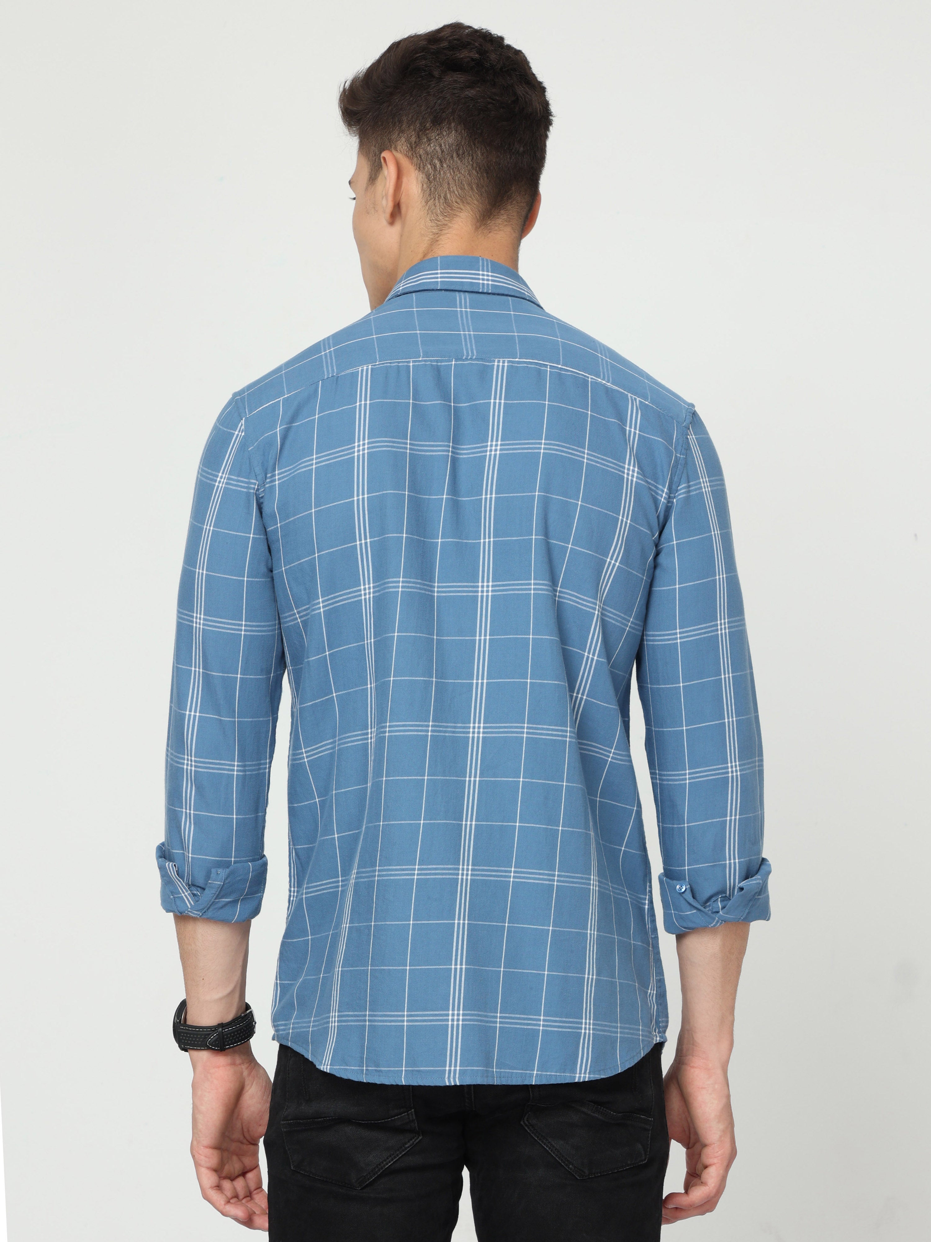 Classic Polo Mens Cotton Full Sleeve Checked Slim Fit Polo Neck Blue Color Woven Shirt | SO1-92 B-FS-CHK