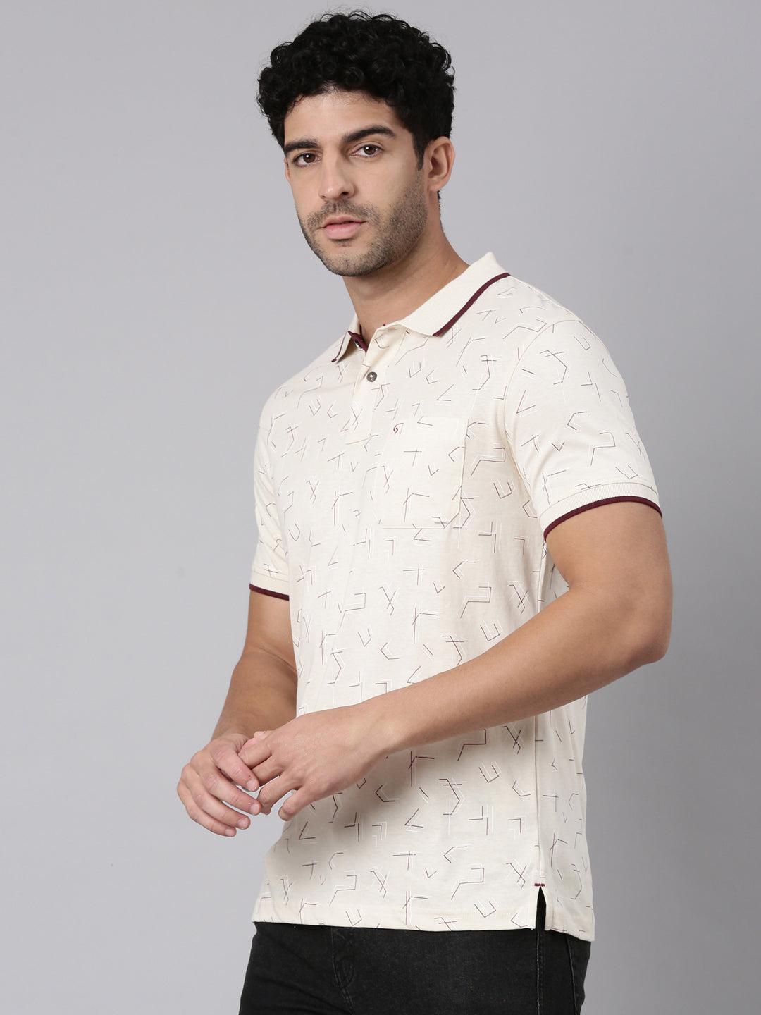 Classic Polo Men's Half Sleeve Light Beige Polo Neck Slim Fit All-Over Print Cotton T-Shirt | BELLO - 383 A SF P